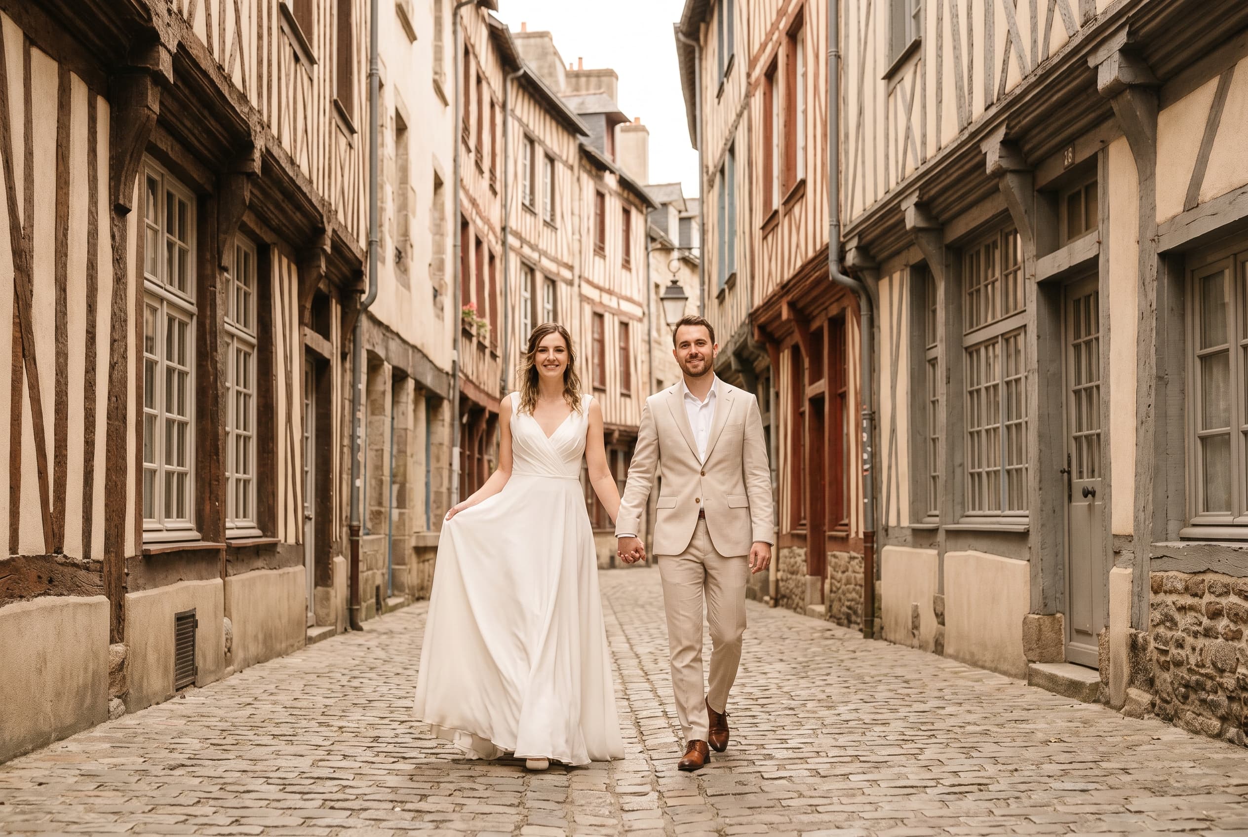 Couple de mariés dans une ruelle de maisons à colombages à Rennes — galerie photo mariage à Rennes
