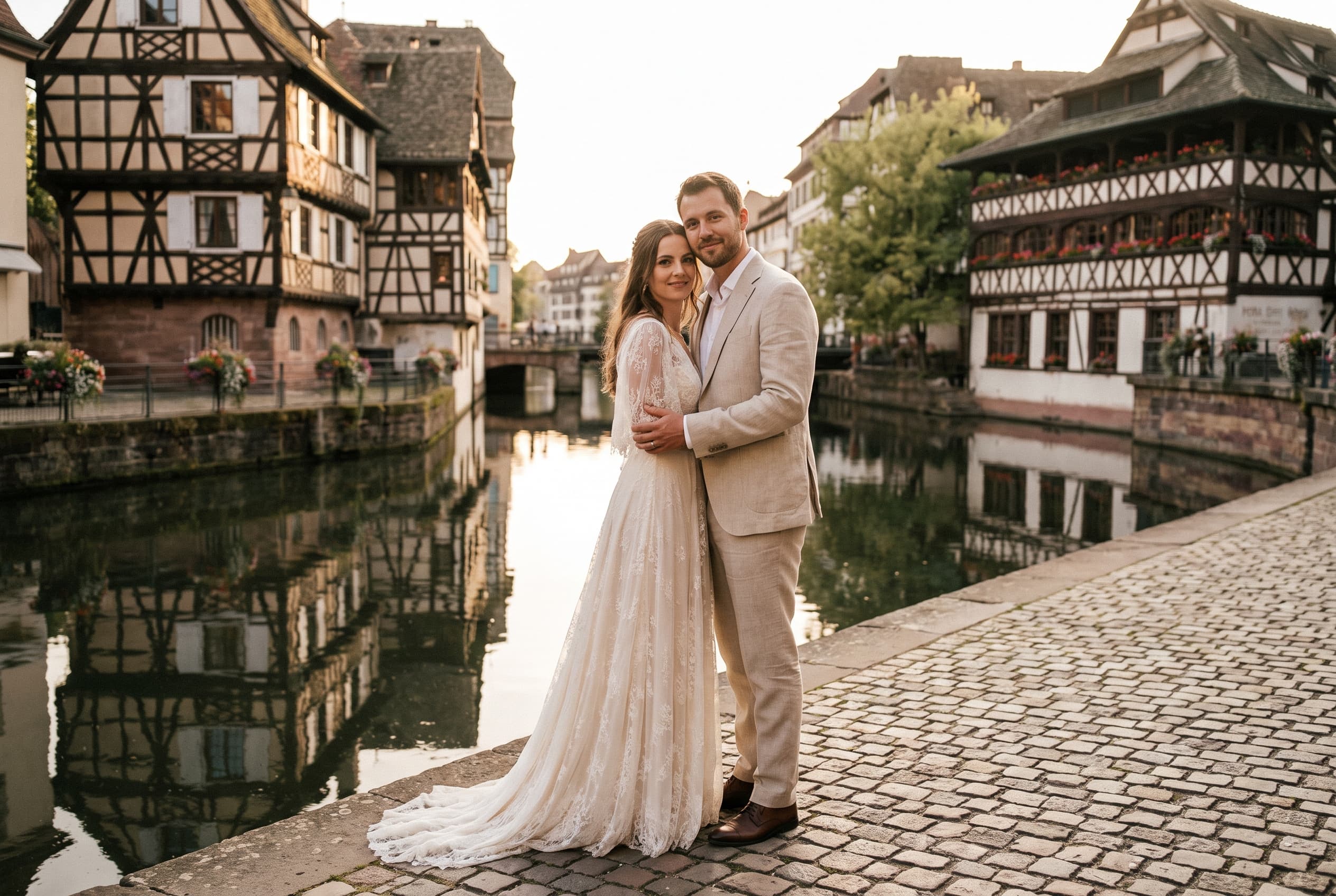 Couple de mariés le long d'un canal de la Petite France à Strasbourg — galerie photo mariage à Strasbourg