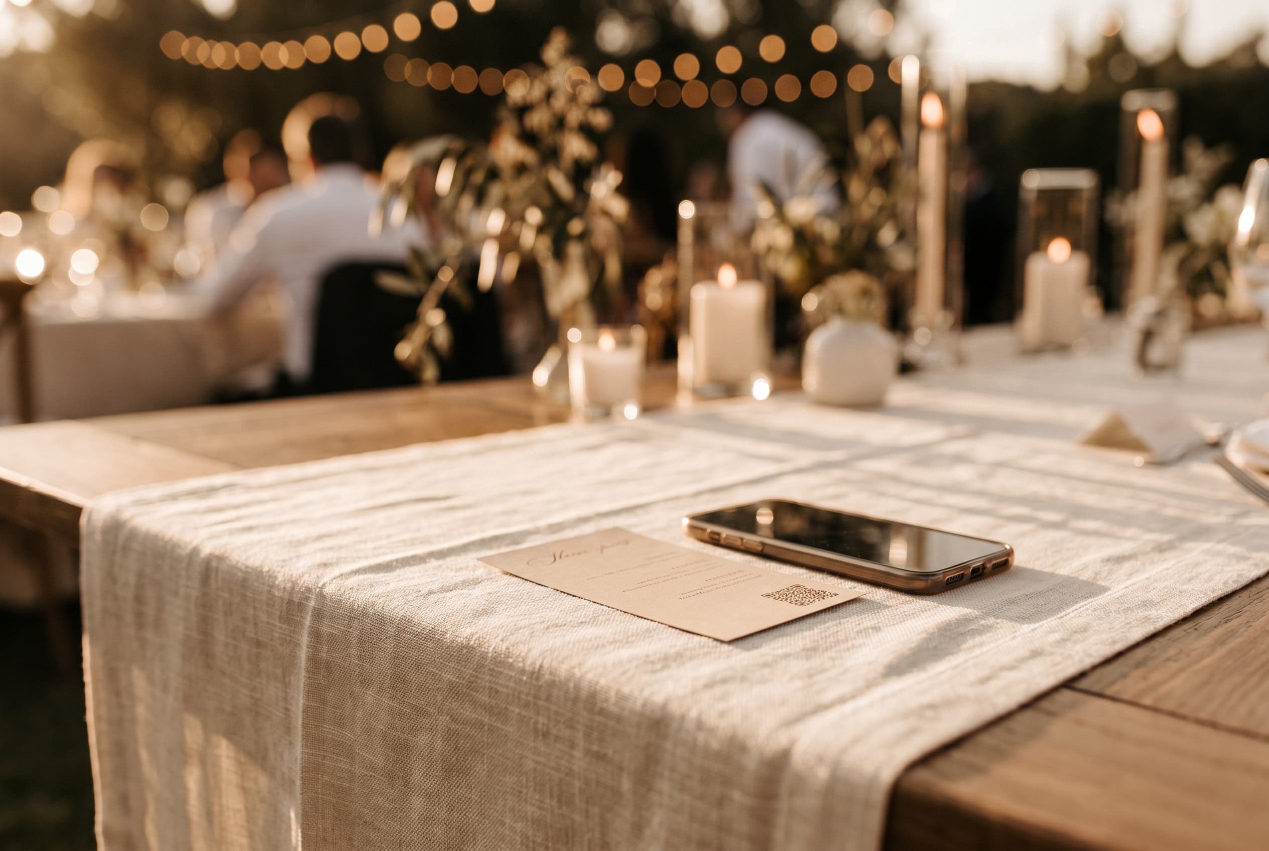 Carte avec QR code discret posée à côté d'un smartphone sur une table de réception de mariage, lumière dorée du soir