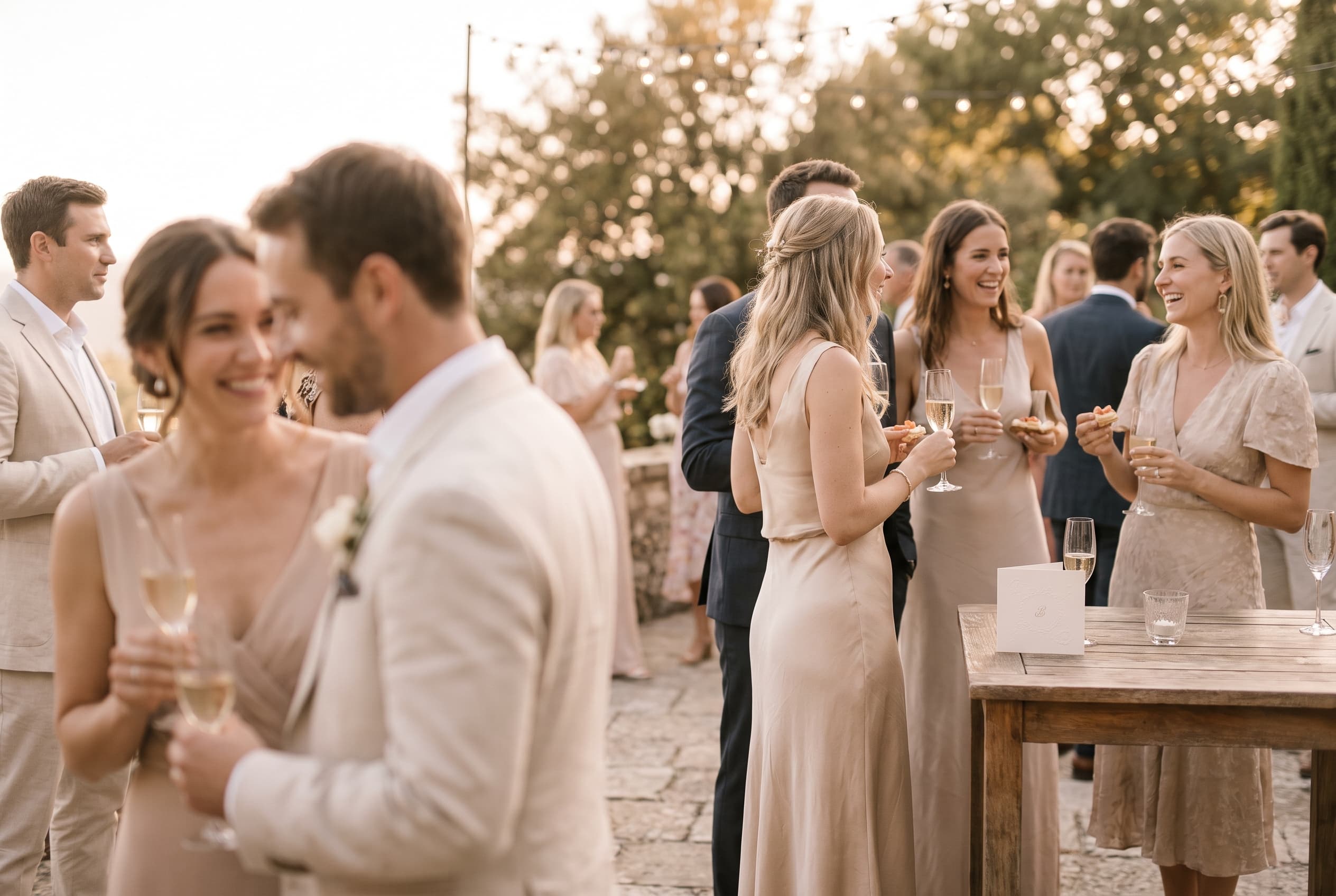 Invités de mariage qui discutent verre en main sur une terrasse en pierre