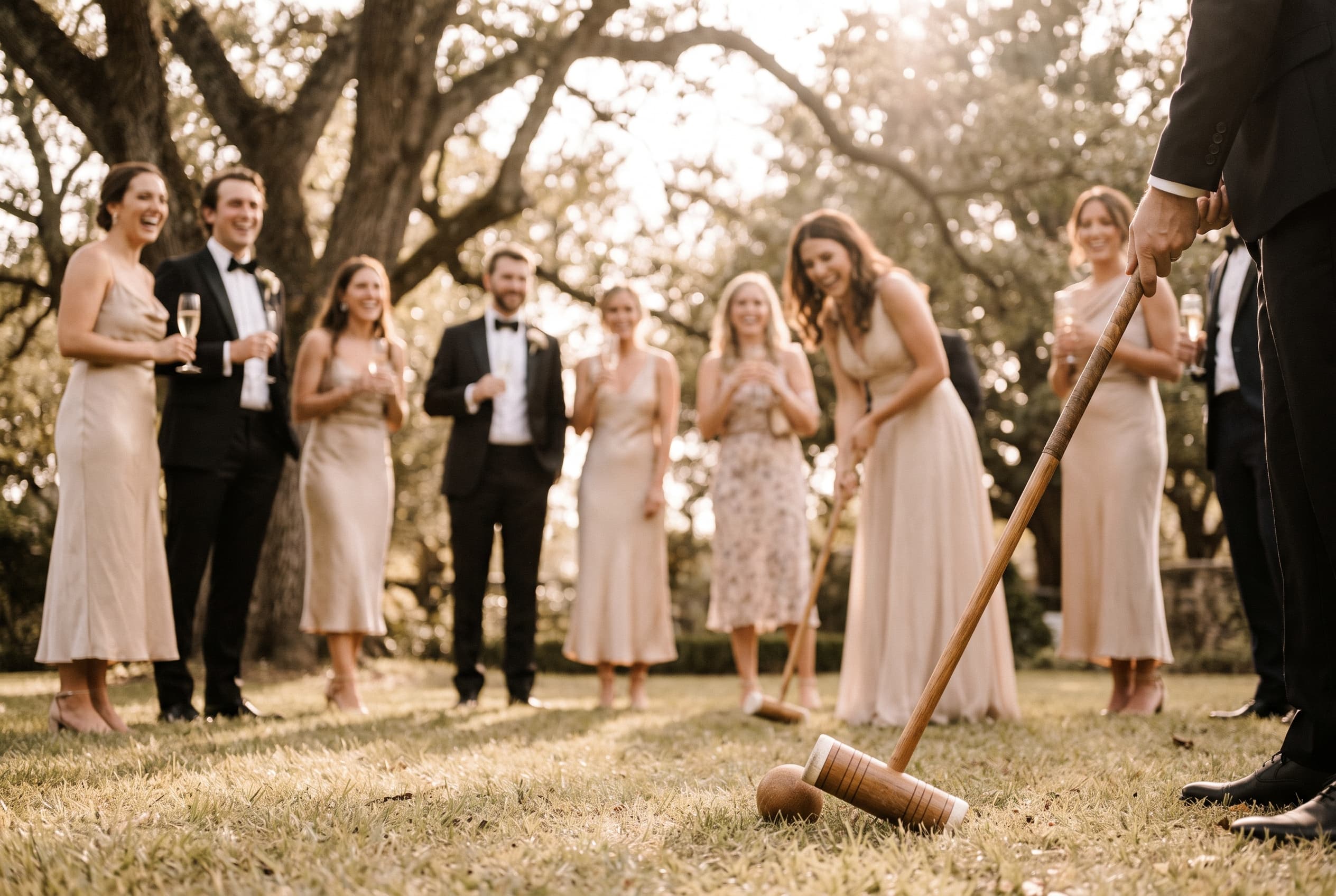 Invités qui jouent à un jeu de plein air dans un jardin pendant le vin d'honneur