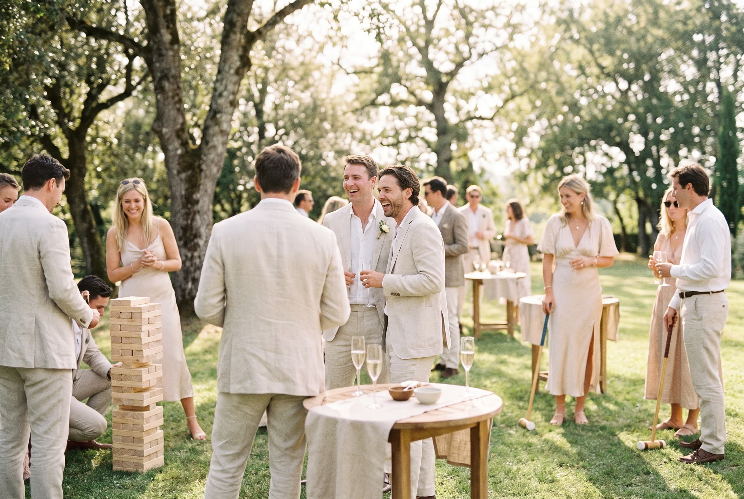 Invités de mariage jouant à des jeux de pelouse élégants dans un jardin ensoleillé pendant le cocktail