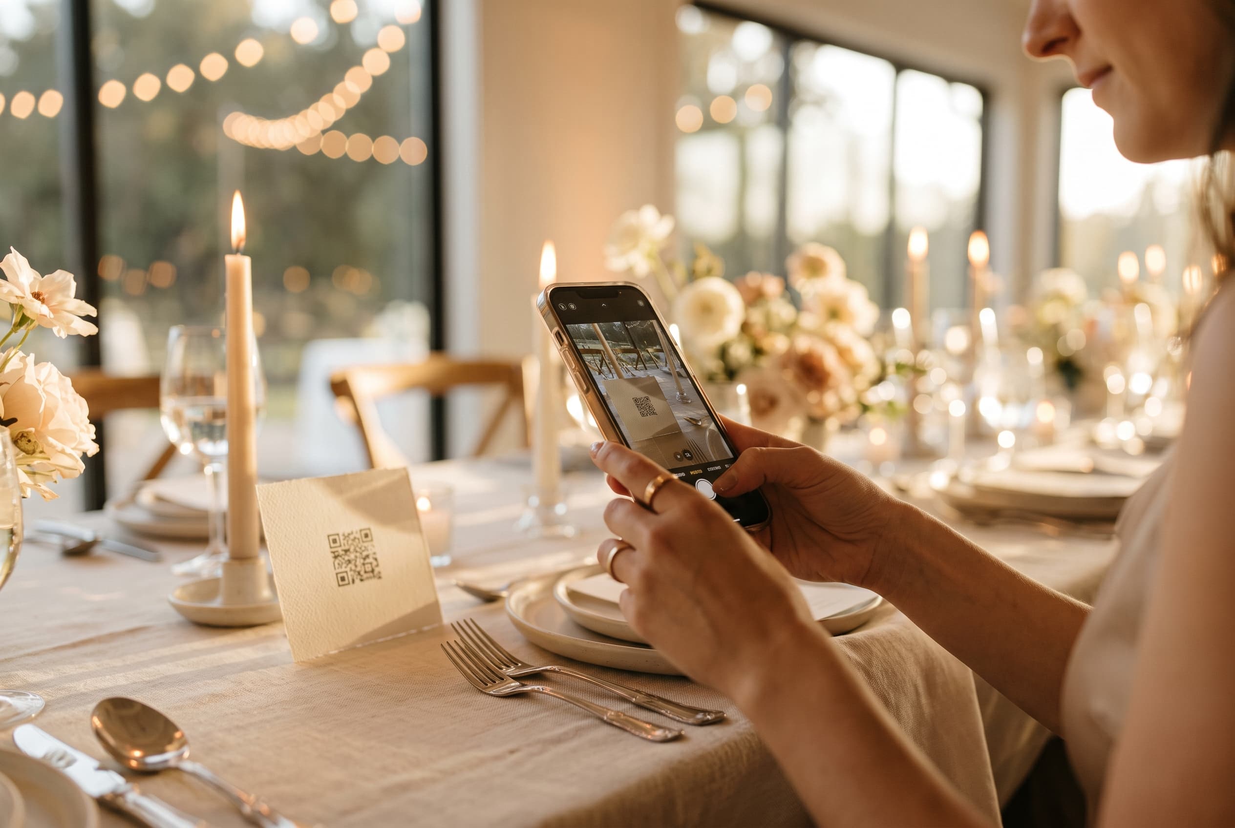 Carte avec QR code posée sur une table de réception de mariage, main tenant un smartphone en train de scanner, lumière dorée du soir