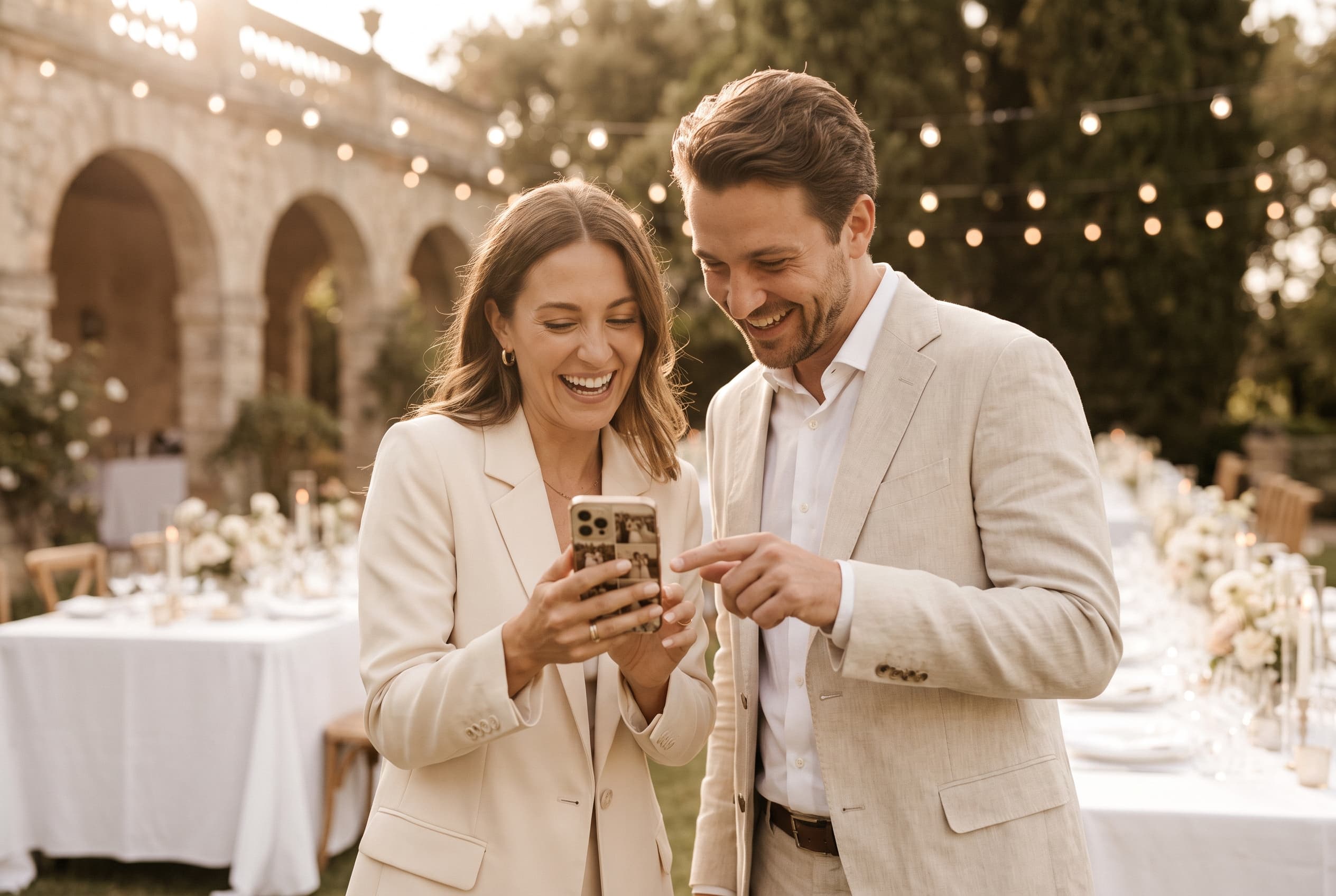 Deux invités de mariage riant ensemble en regardant des photos sur un smartphone, lieu de réception élégant en arrière-plan