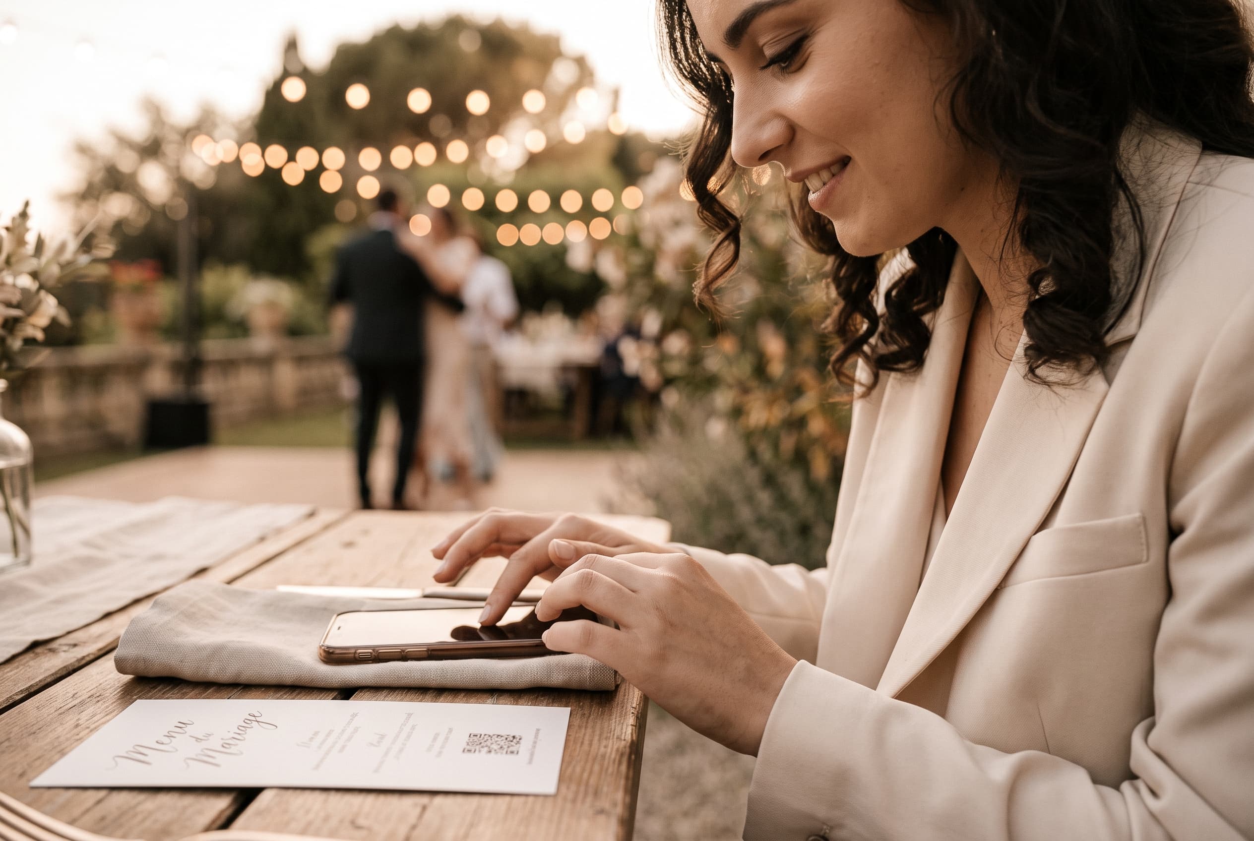 Jeune invité de mariage consultant son smartphone à une table de réception, guirlandes lumineuses et piste de danse floues en arrière-plan