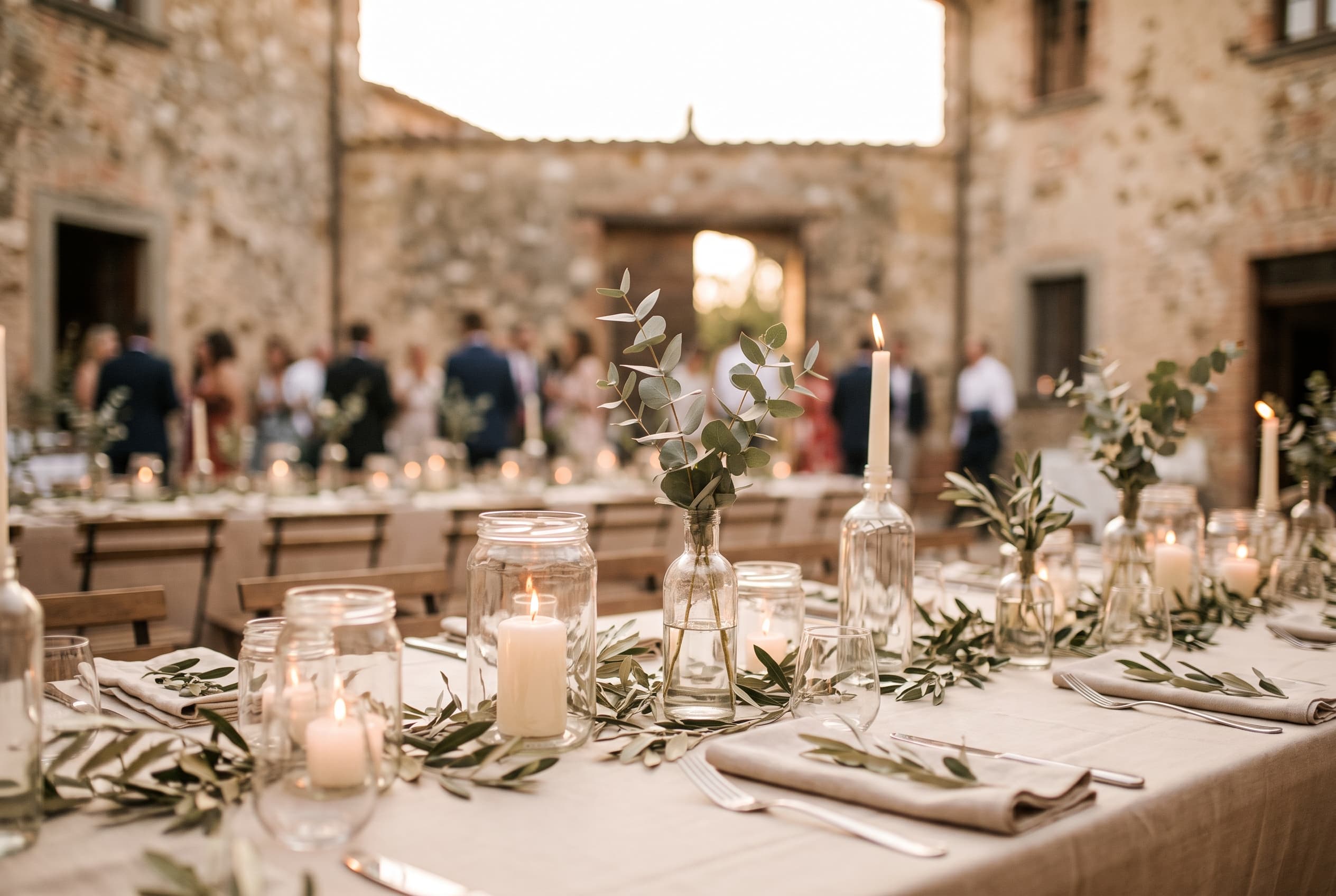 Table de réception de mariage décorée de bocaux en verre dépareillés servant de photophores et petits vases, eucalyptus, lumière dorée du soir
