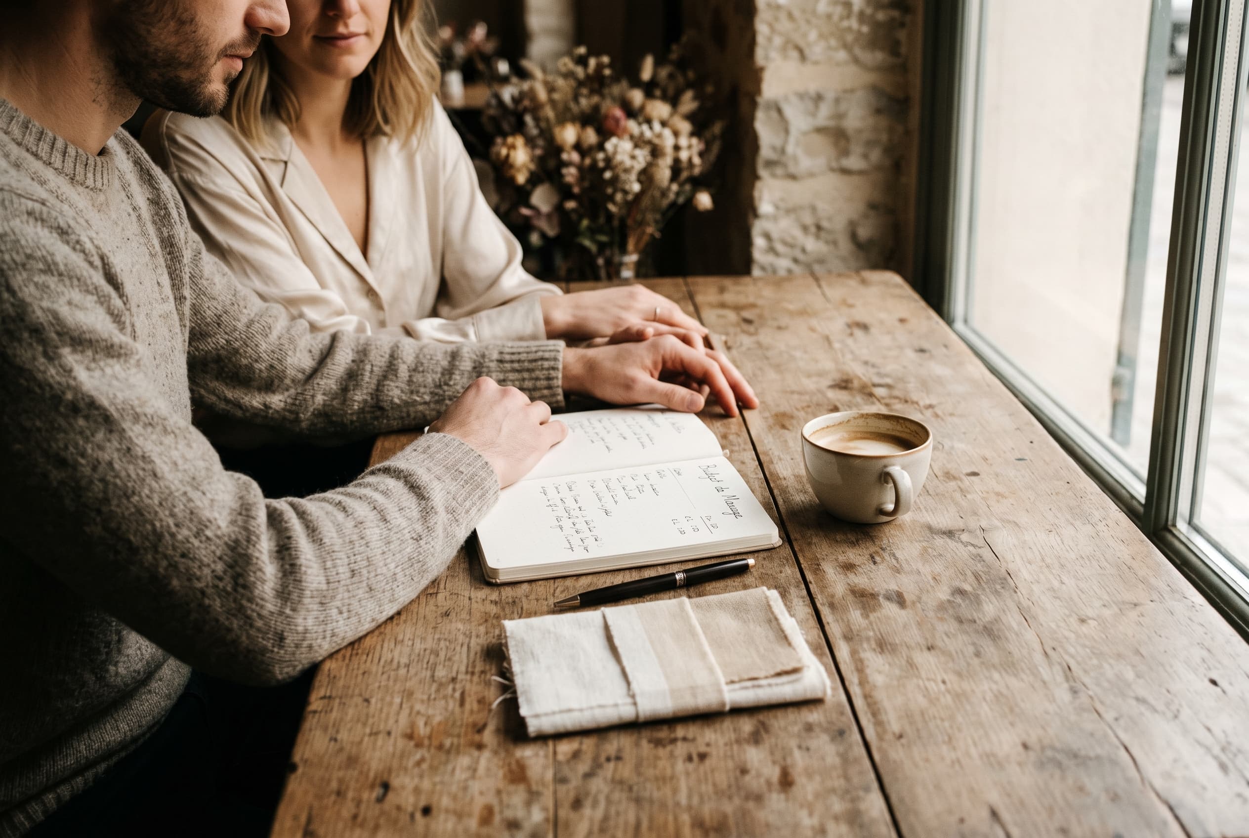 Un couple consulte à deux un carnet de budget posé sur une table en bois, près d'une fenêtre