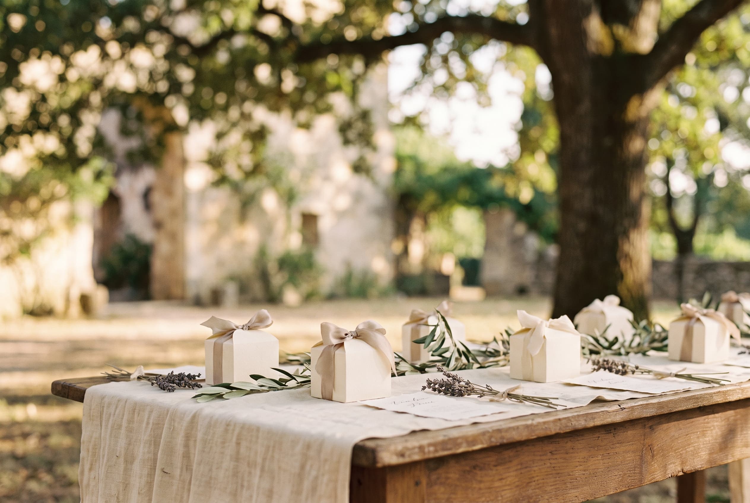 Petites boîtes cadeaux personnalisées nouées de ruban sur une table de réception de mariage, lumière dorée du soir