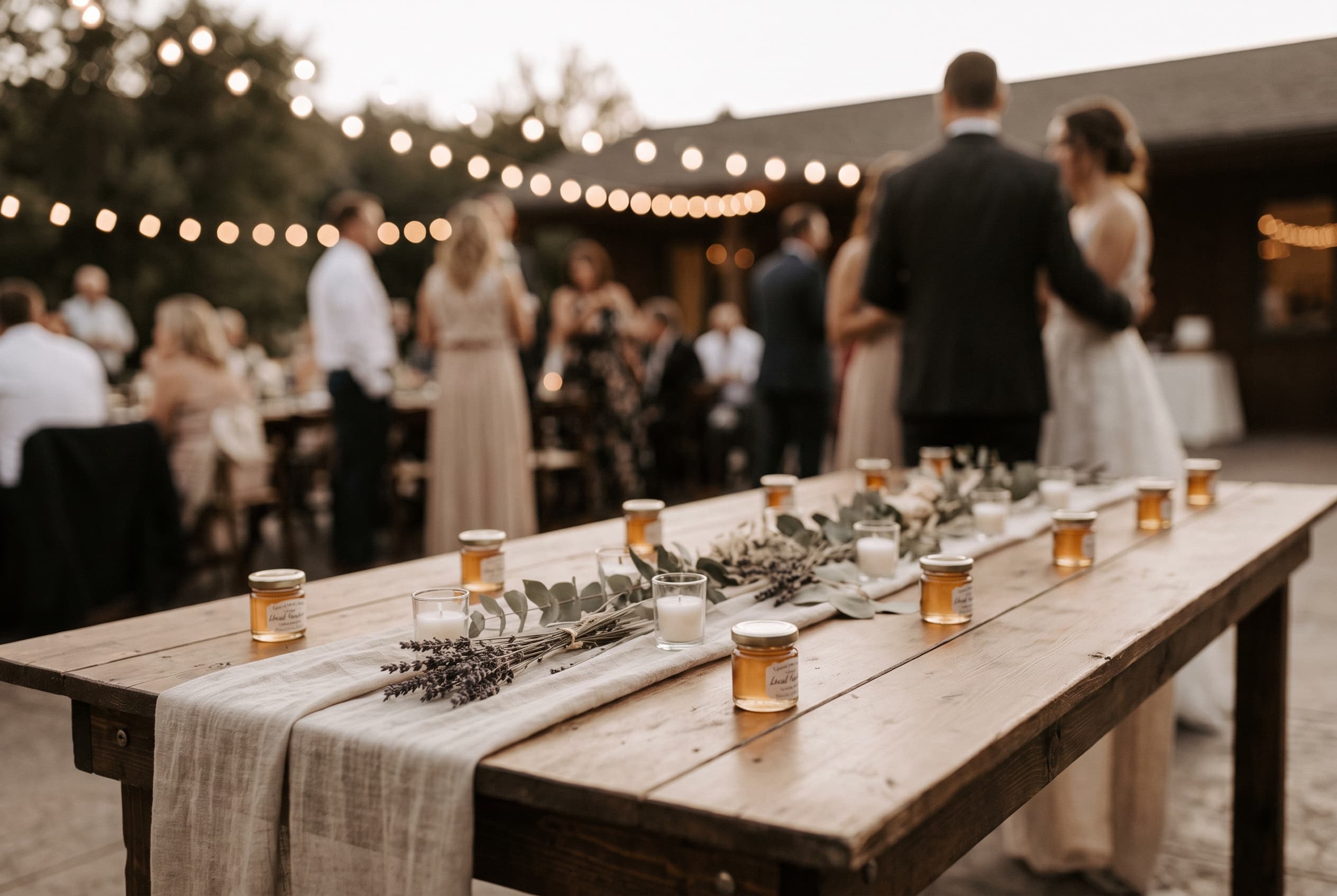 Table de desserts et de cadeaux de mariage avec petits pots de miel et bougies, guirlande lumineuse au crépuscule