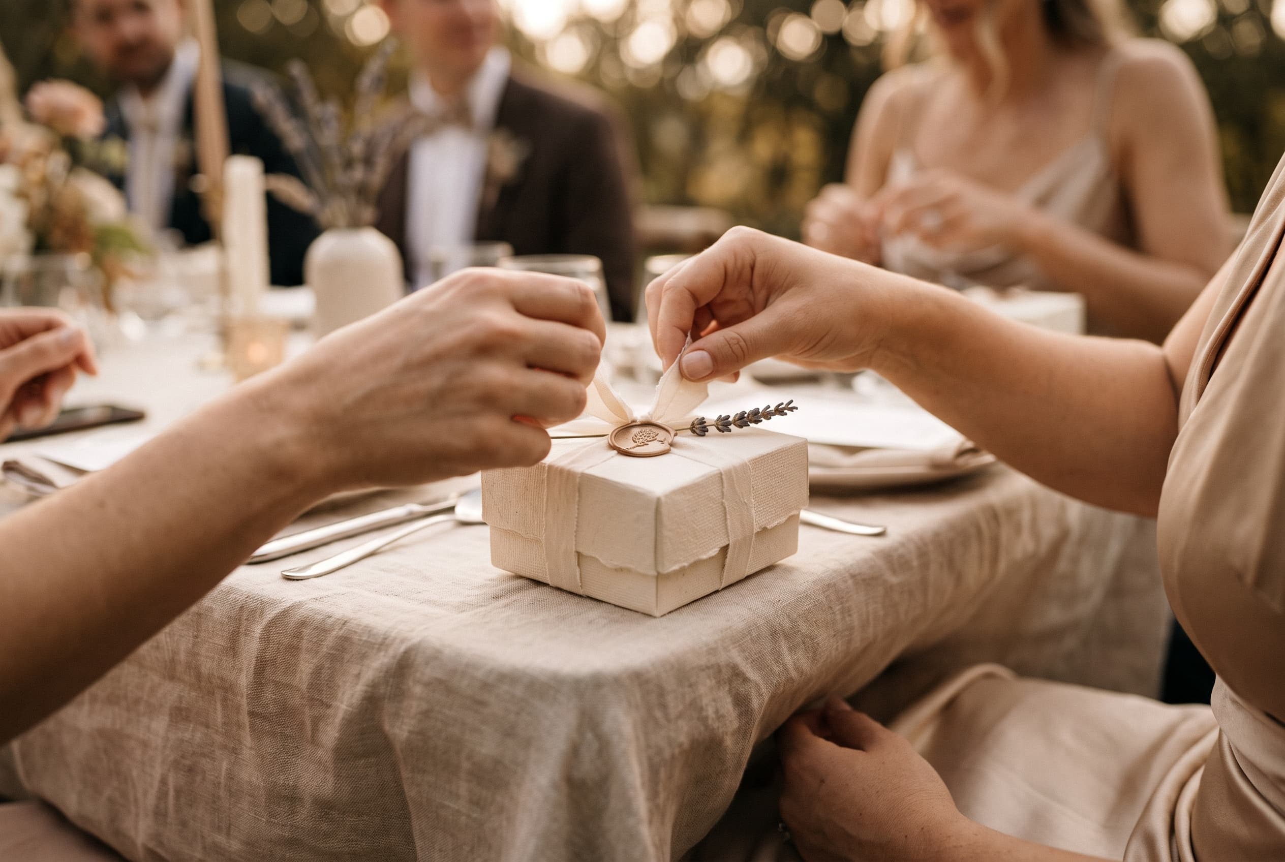 Mains d'invités de mariage déballant une petite boîte cadeau artisanale fermée par un cachet de cire, sur une nappe en lin
