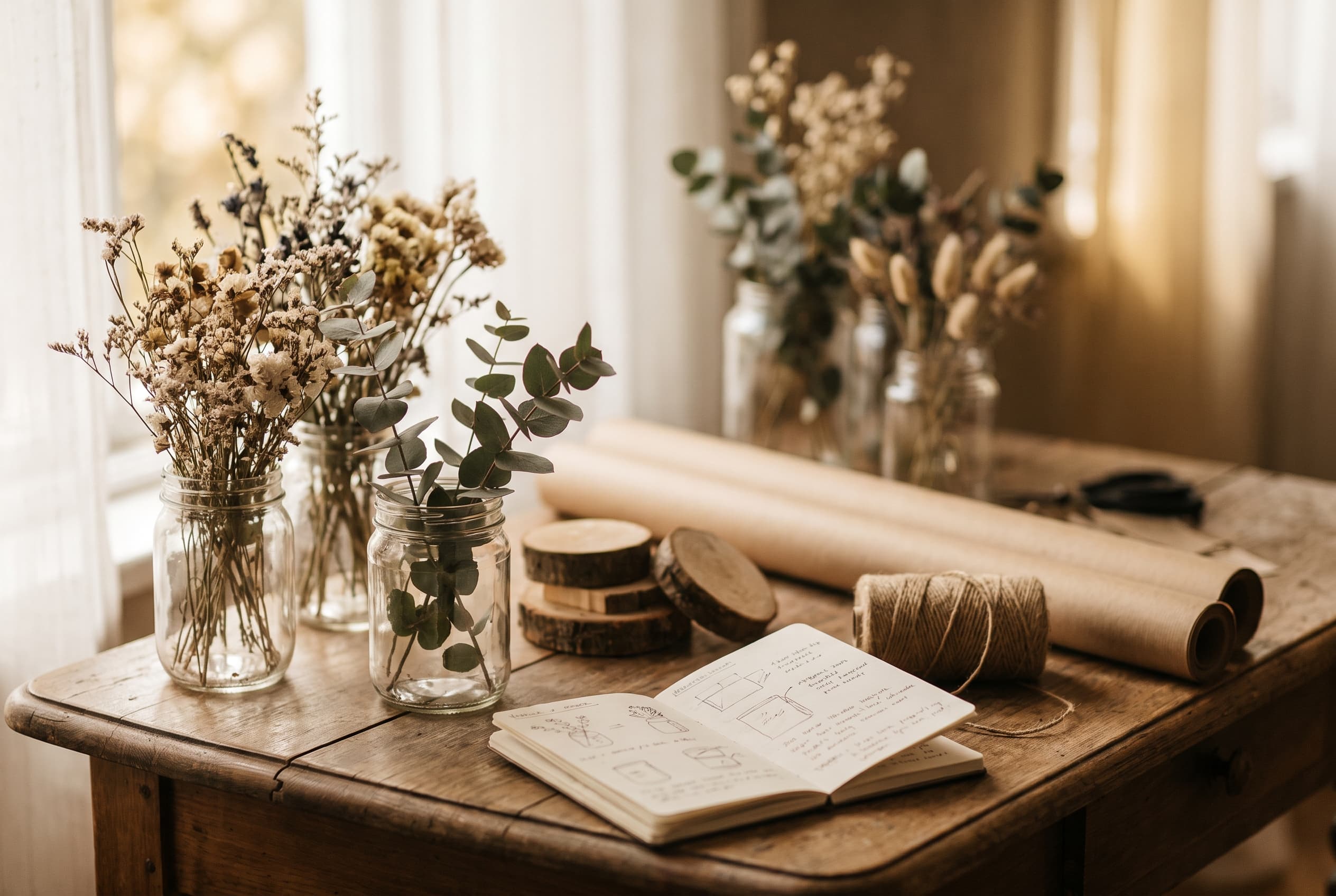 Matériel de décoration de mariage en récup posé sur une table : bocaux en verre, chutes de bois, papier kraft et ficelle, à côté d'un petit carnet de suivi de budget