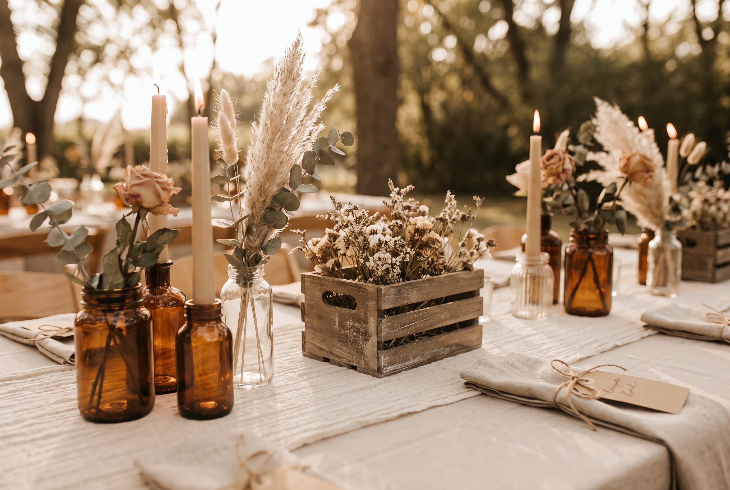 Table de réception de mariage décorée avec des bocaux en verre récupérés, des fleurs séchées et des marque-places en papier kraft, lumière dorée du soir