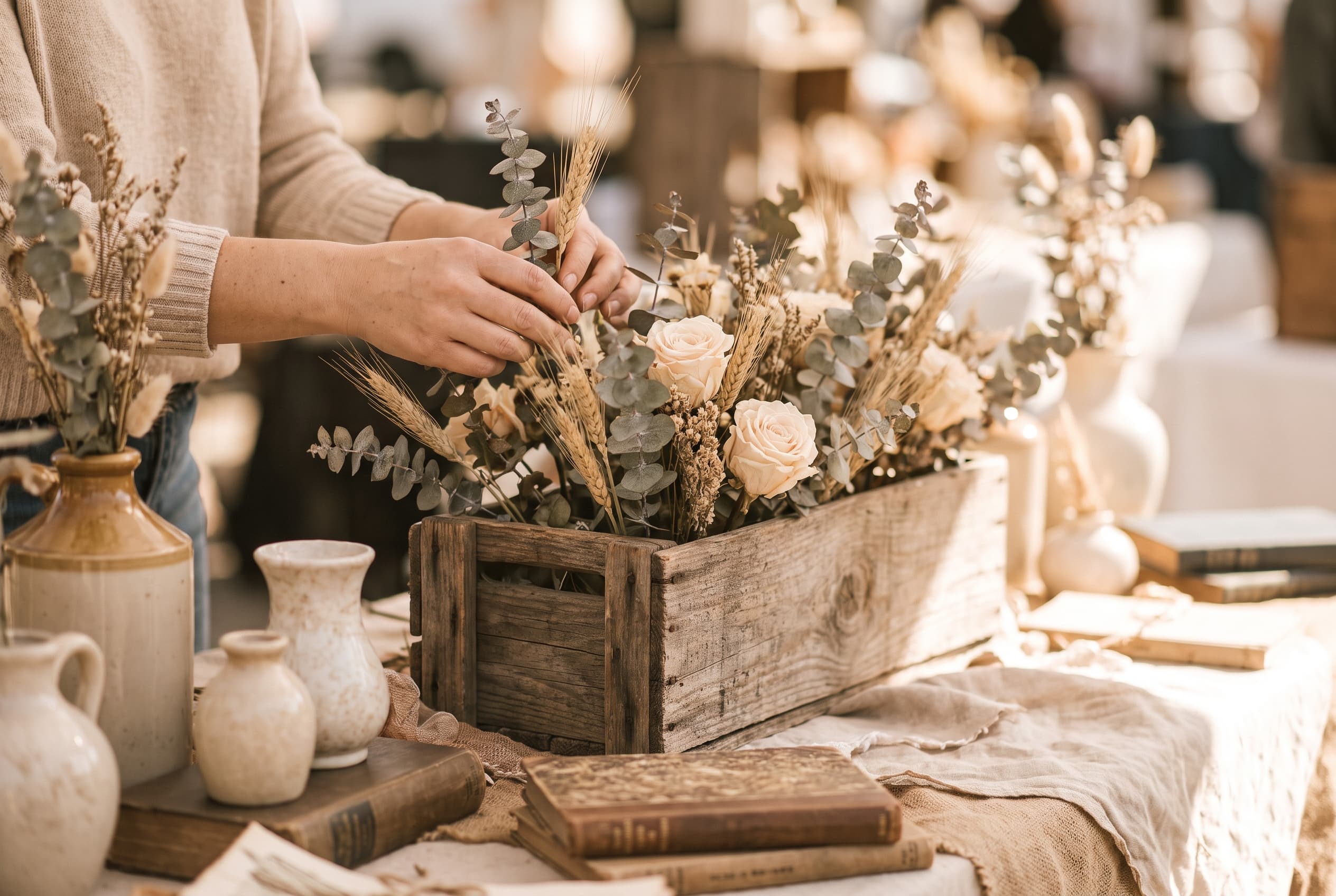 Mains assemblant une décoration rustique à partir d'une caisse en bois récupérée et de fleurs séchées sur un stand de brocante