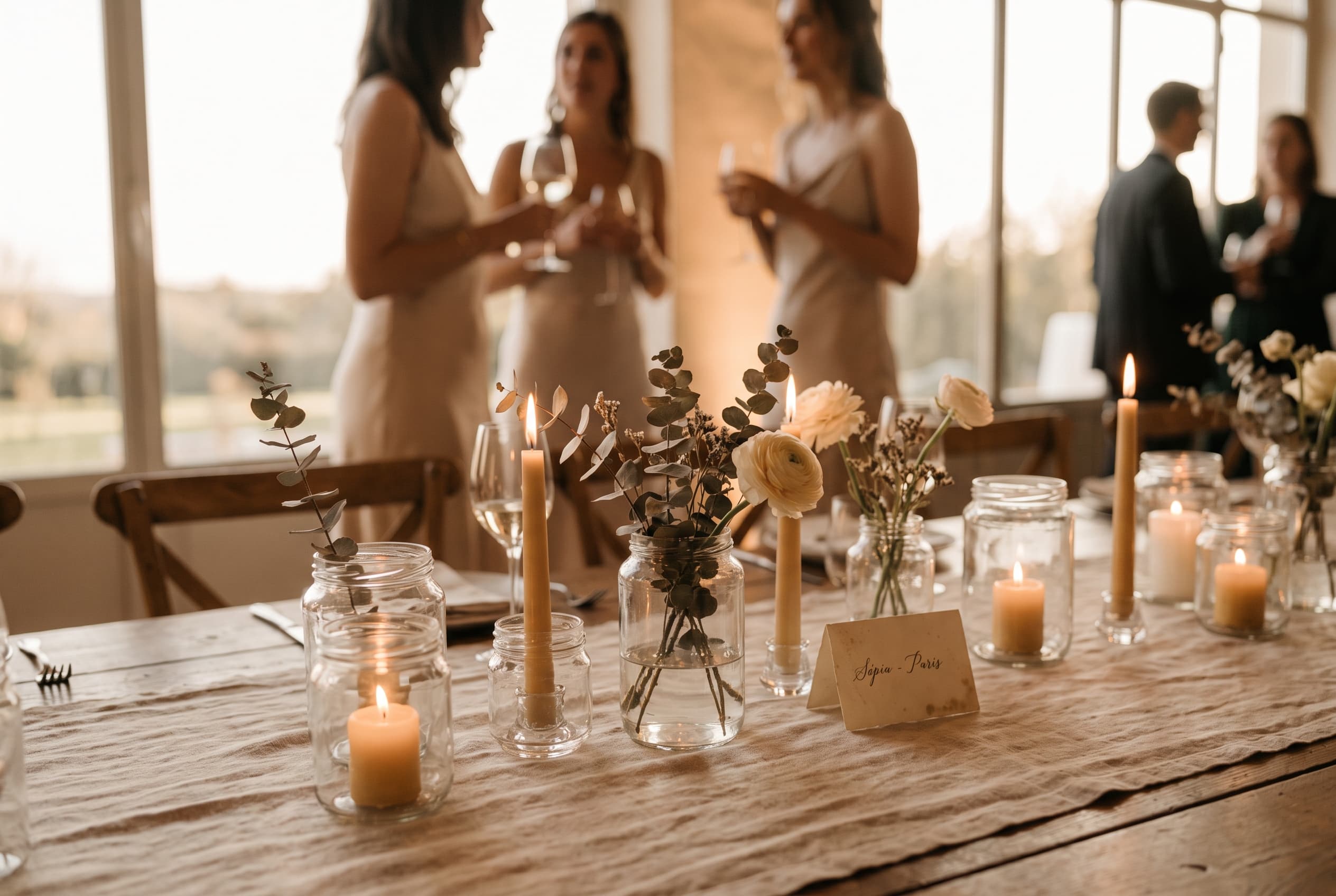 Table de réception de mariage décorée de bocaux en verre recyclés servant de photophores et petits vases, eucalyptus, lumière dorée du soir