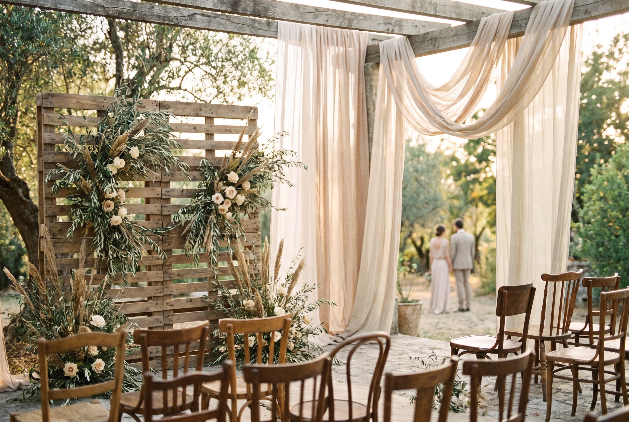 Allée de cérémonie de mariage décorée de palettes en bois recyclées transformées en support floral, chaises vintage dépareillées, lumière dorée