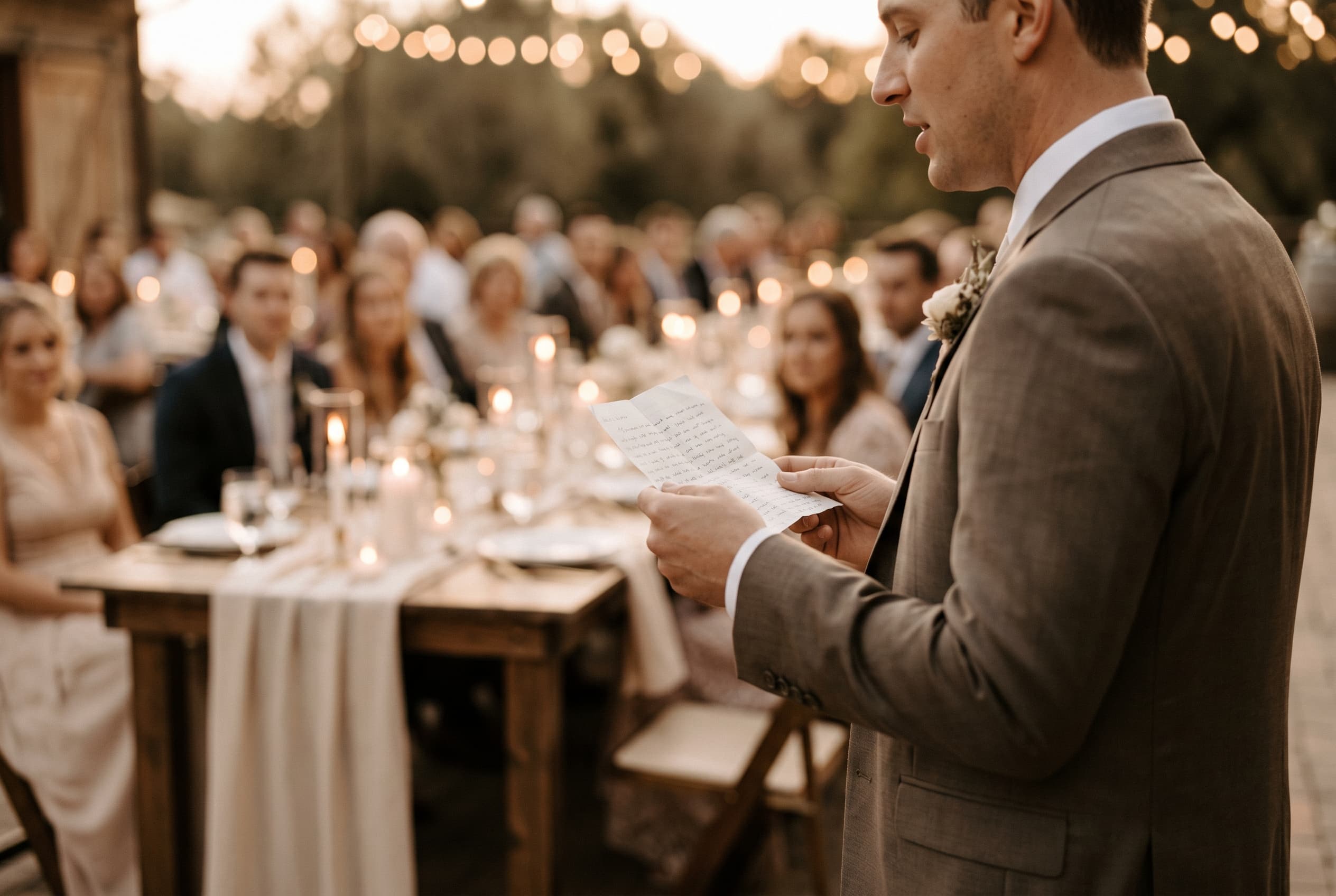 Marié debout devant les invités, feuille manuscrite à la main, en train de prononcer un discours à la lumière dorée du soir