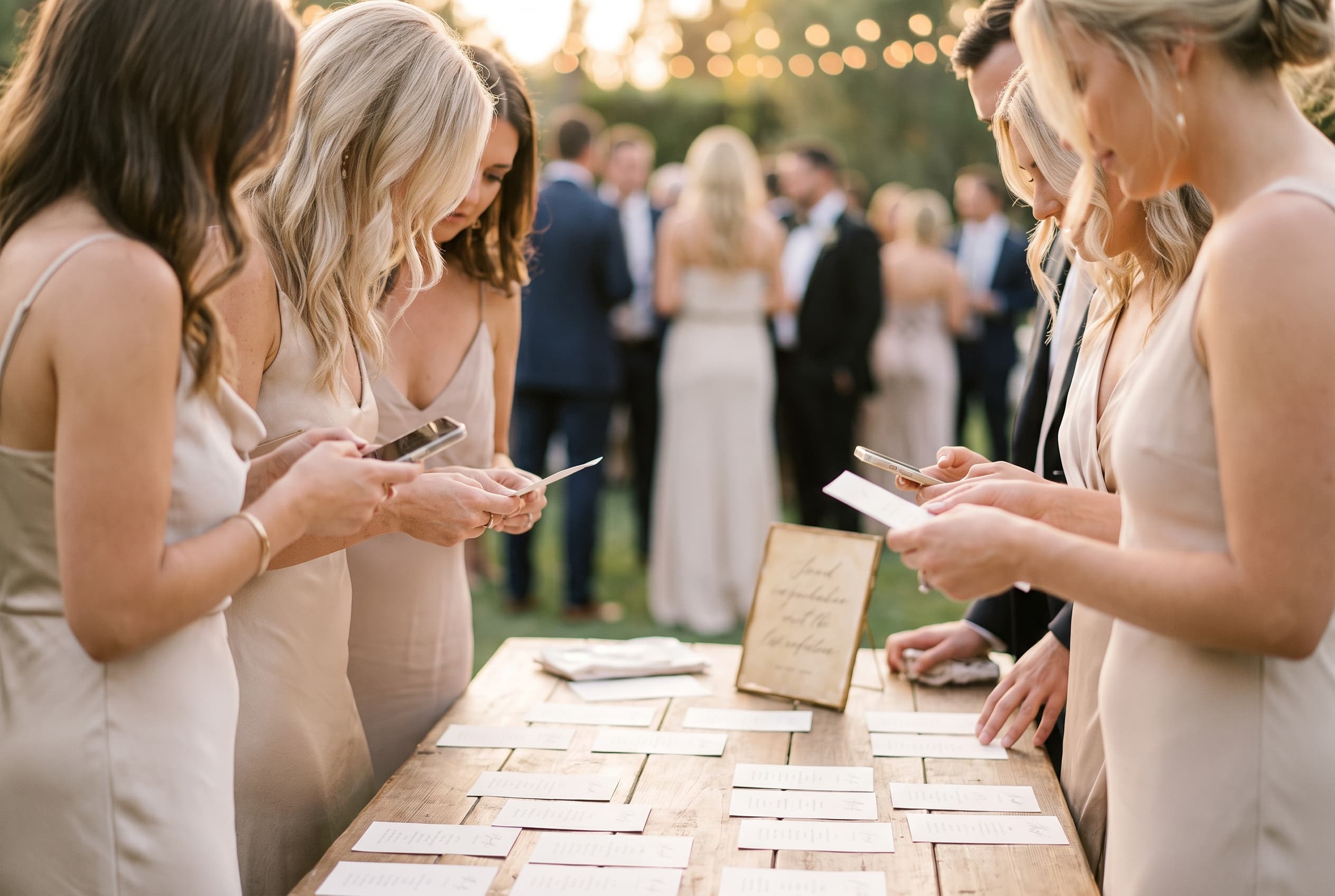 Invités de mariage rassemblés autour d'une table le soir, smartphones à la main, lumière dorée de la réception