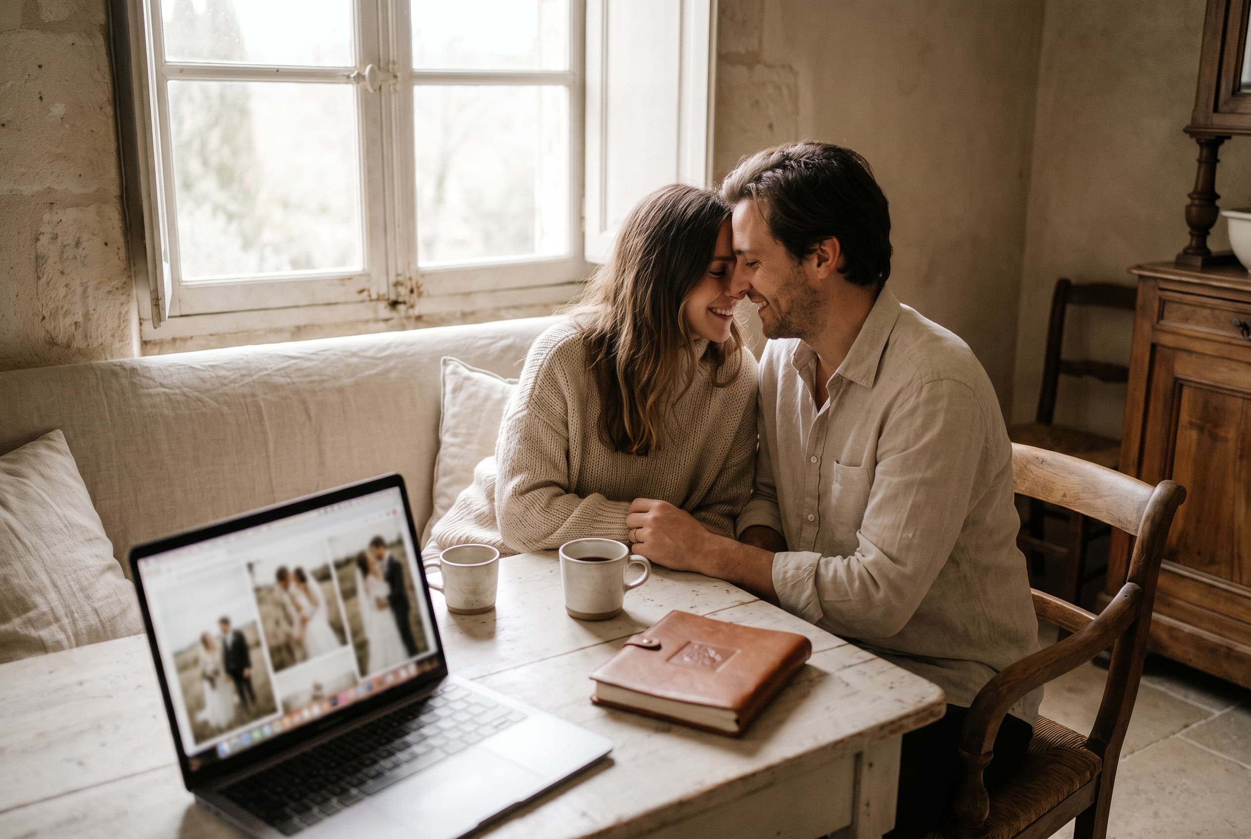 Jeune couple assis à une table le lendemain de leur mariage, ordinateur portable ouvert, lumière douce du matin