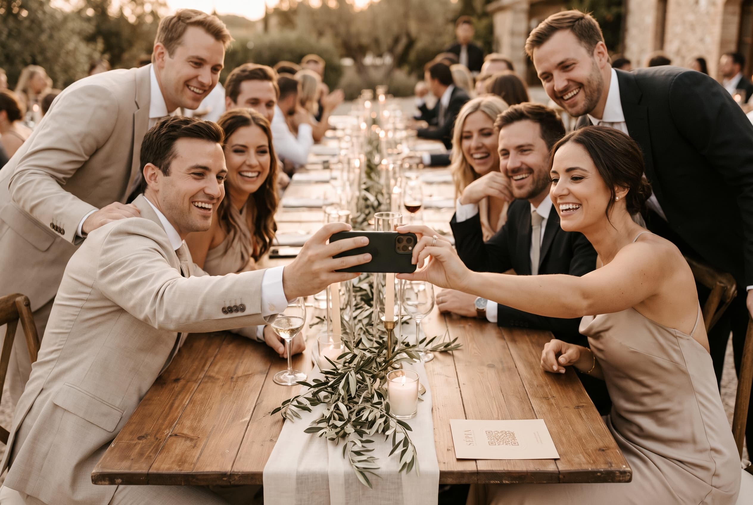 Des invités rassemblés autour d'un smartphone pour un selfie de groupe pendant le dîner