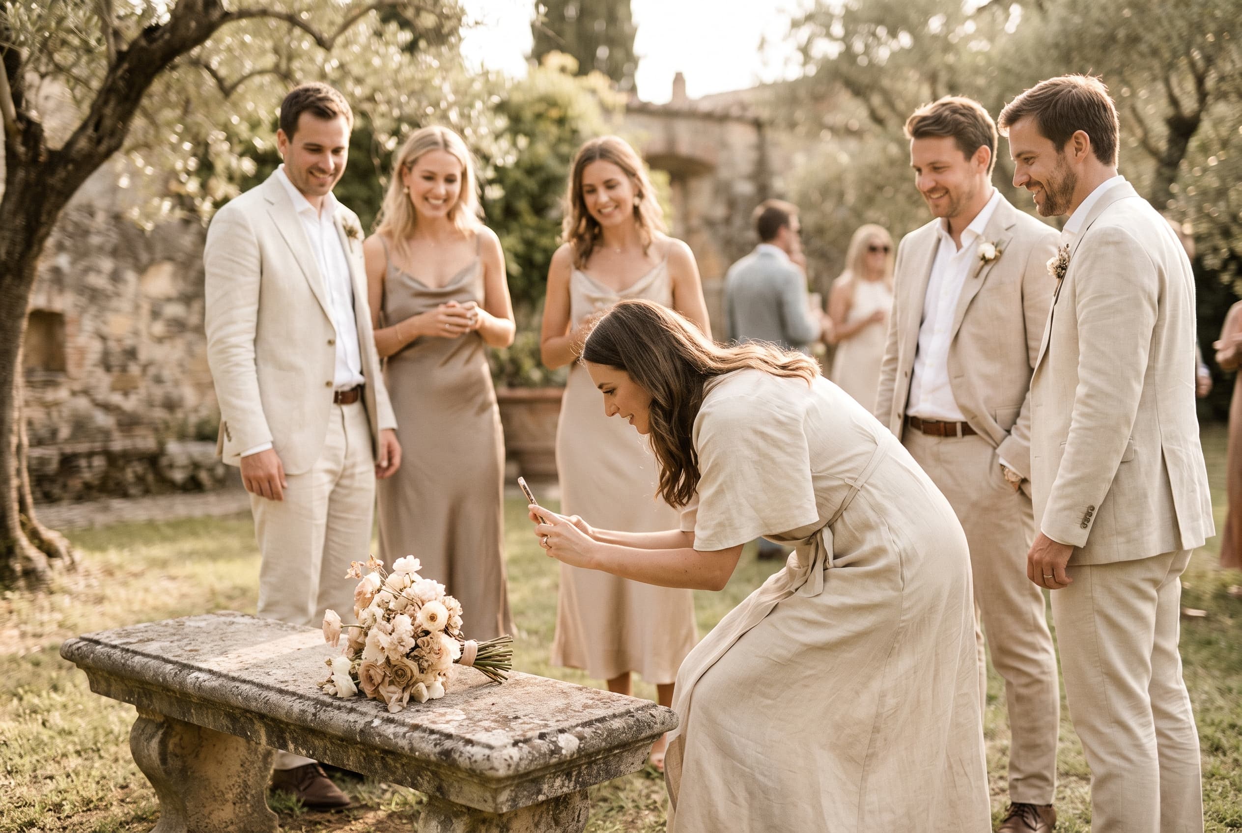 Une invitée penchée photographie un bouquet posé sur un banc de pierre dans un jardin, entourée d'invités souriants