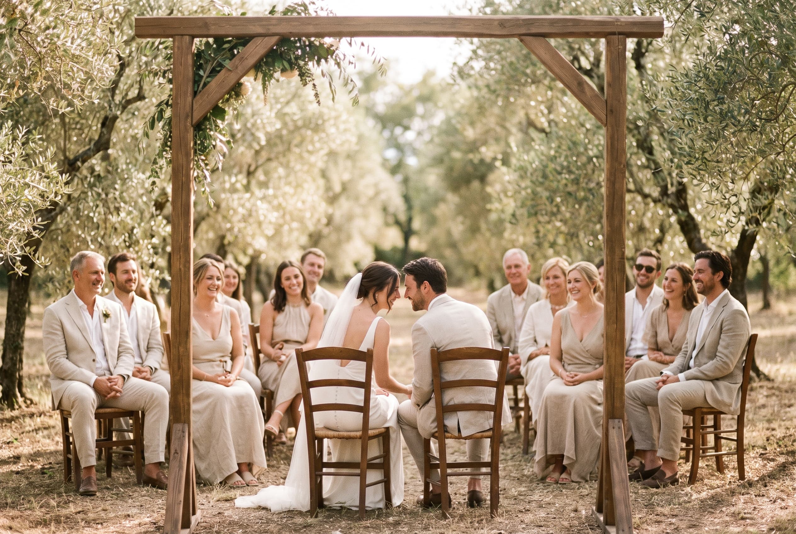 Cérémonie de mariage en petit comité en extérieur sous une arche en bois, une douzaine de proches assis, lumière naturelle