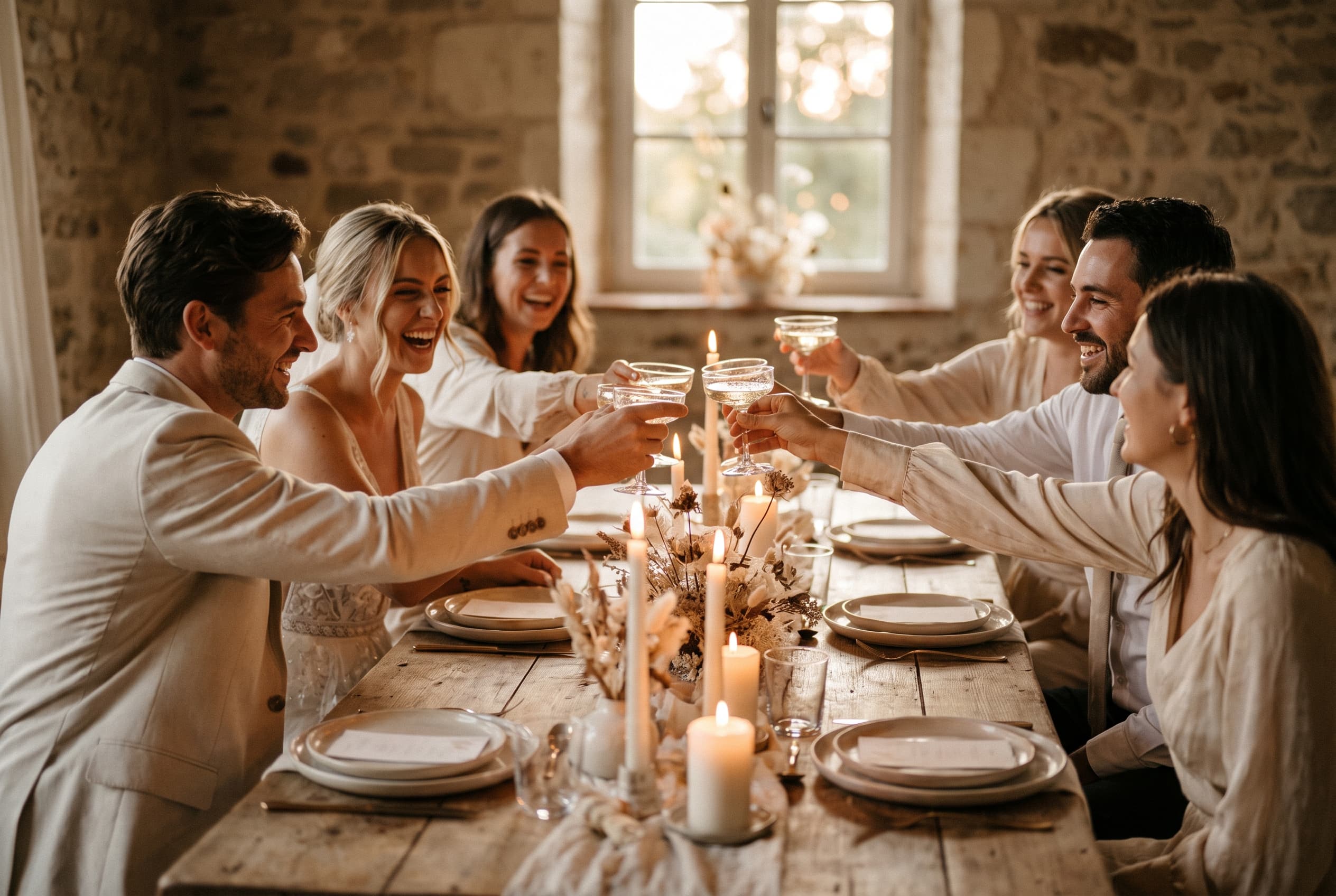 Mariés levant leur verre avec une poignée de proches autour d'une longue table dressée en soirée, bougies et fleurs des champs