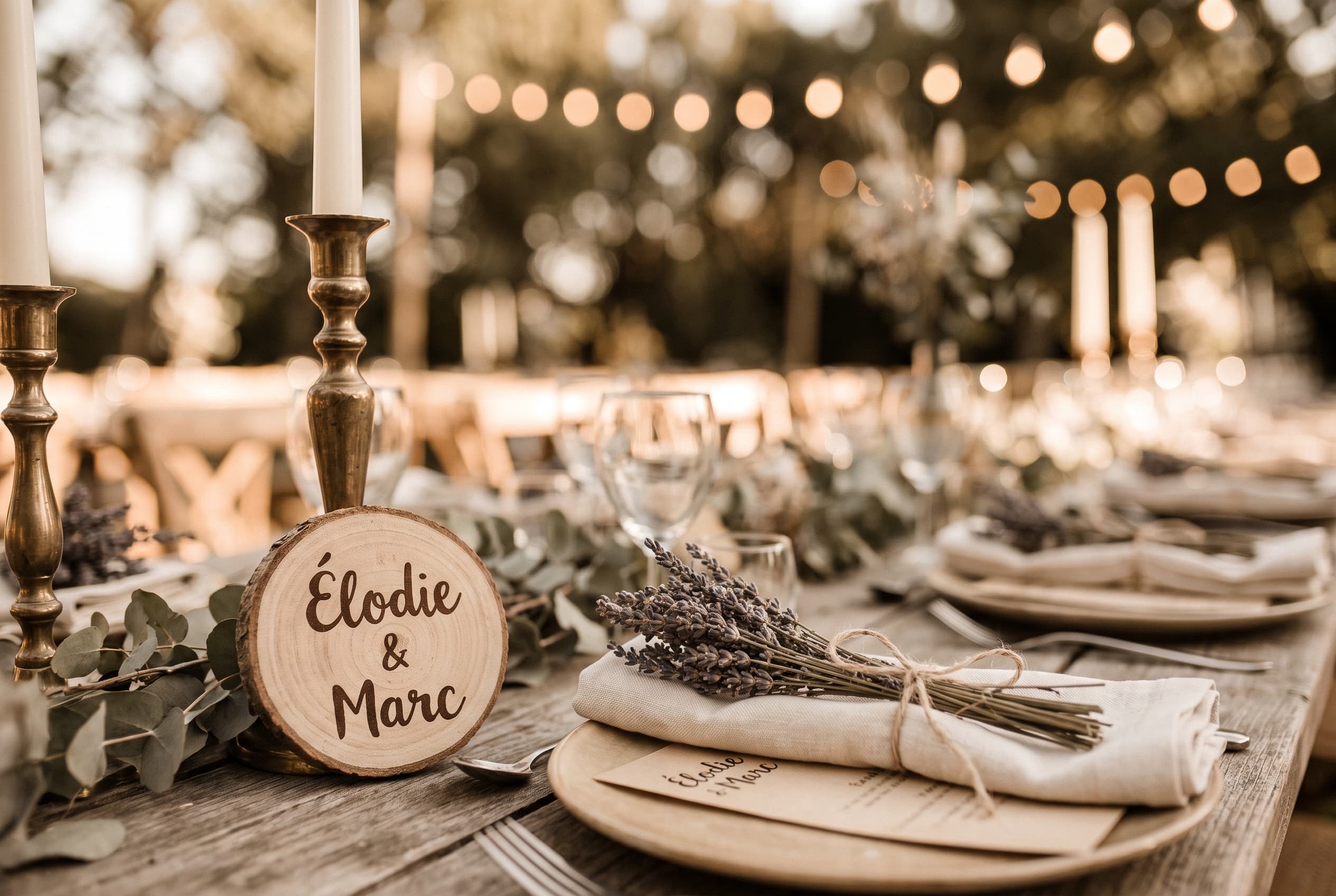 Table de réception de mariage avec marque-places en rondelles de bois flotté calligraphiées, eucalyptus, lumière dorée