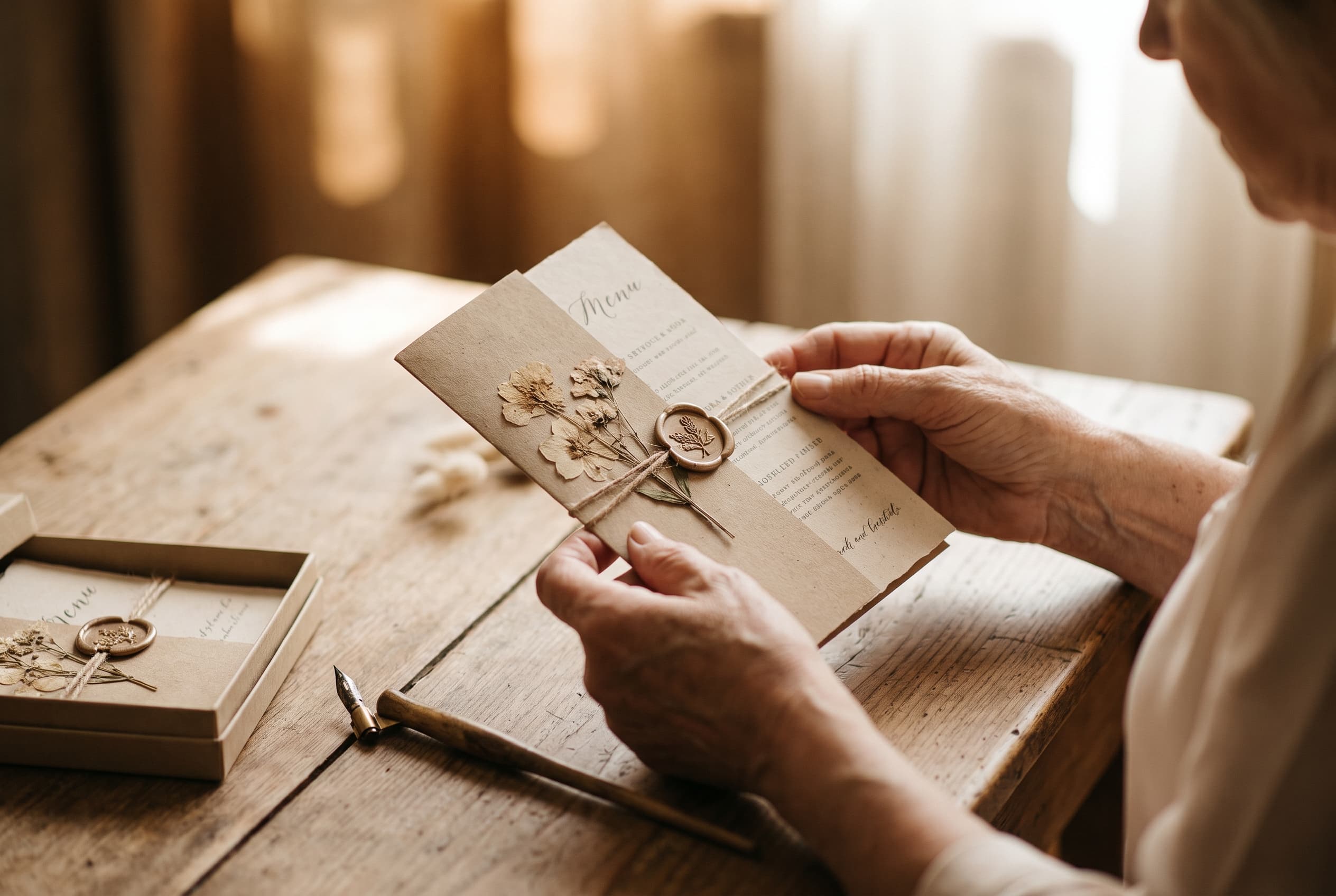 Mains pliant un menu de mariage en papier kraft recyclé, ficelle et fleurs séchées, table en bois brut, lumière naturelle