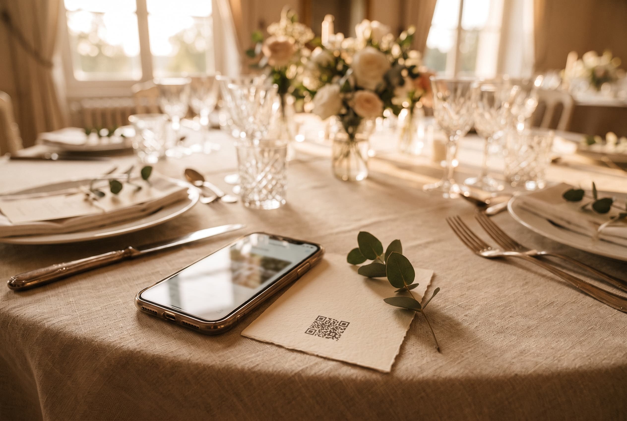 Smartphone posé sur une table de réception de mariage à côté d'une carte avec QR code, lumière dorée du soir