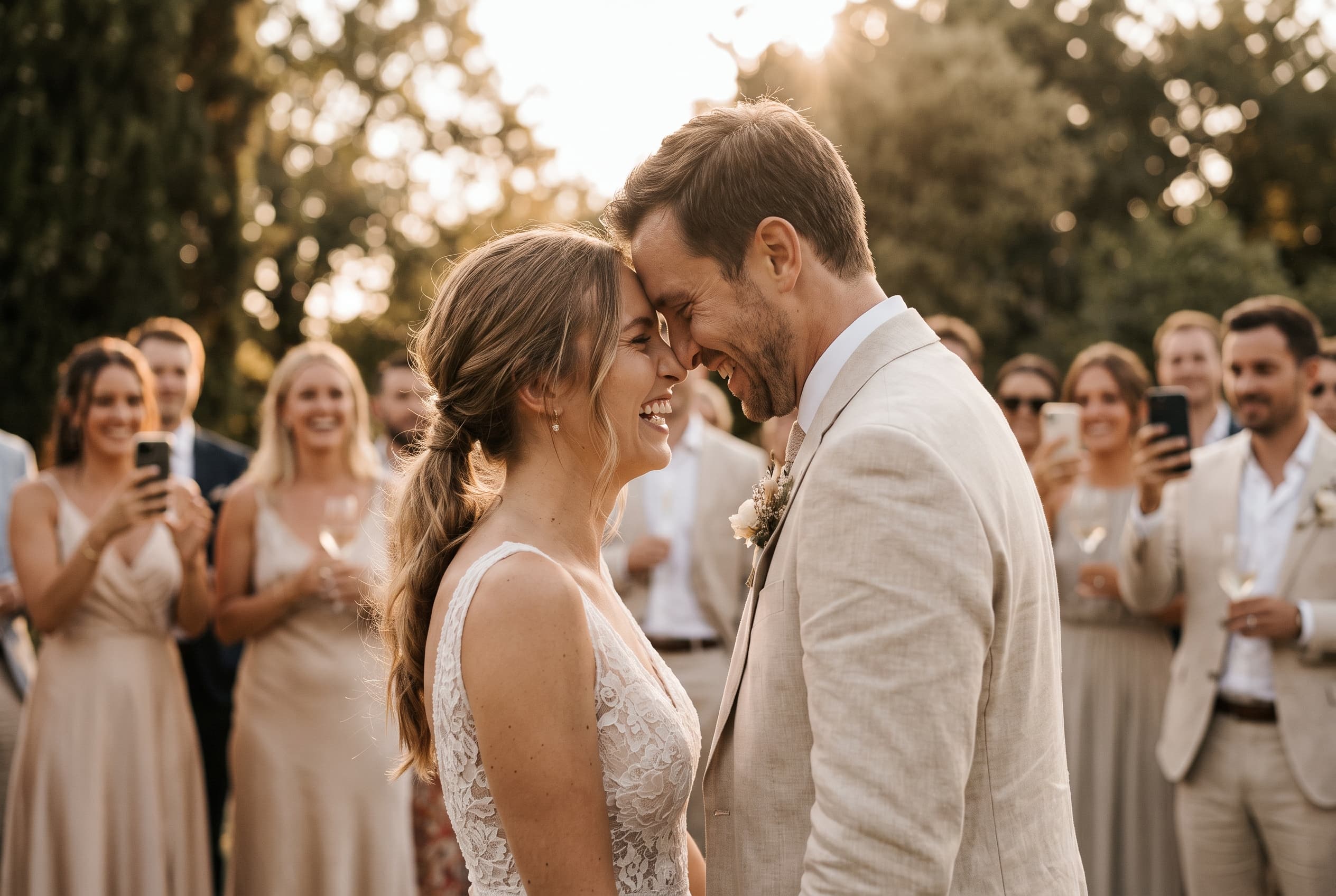 Mariés riant ensemble pendant un cocktail de mariage estival, invités souriants en arrière-plan avec leurs téléphones