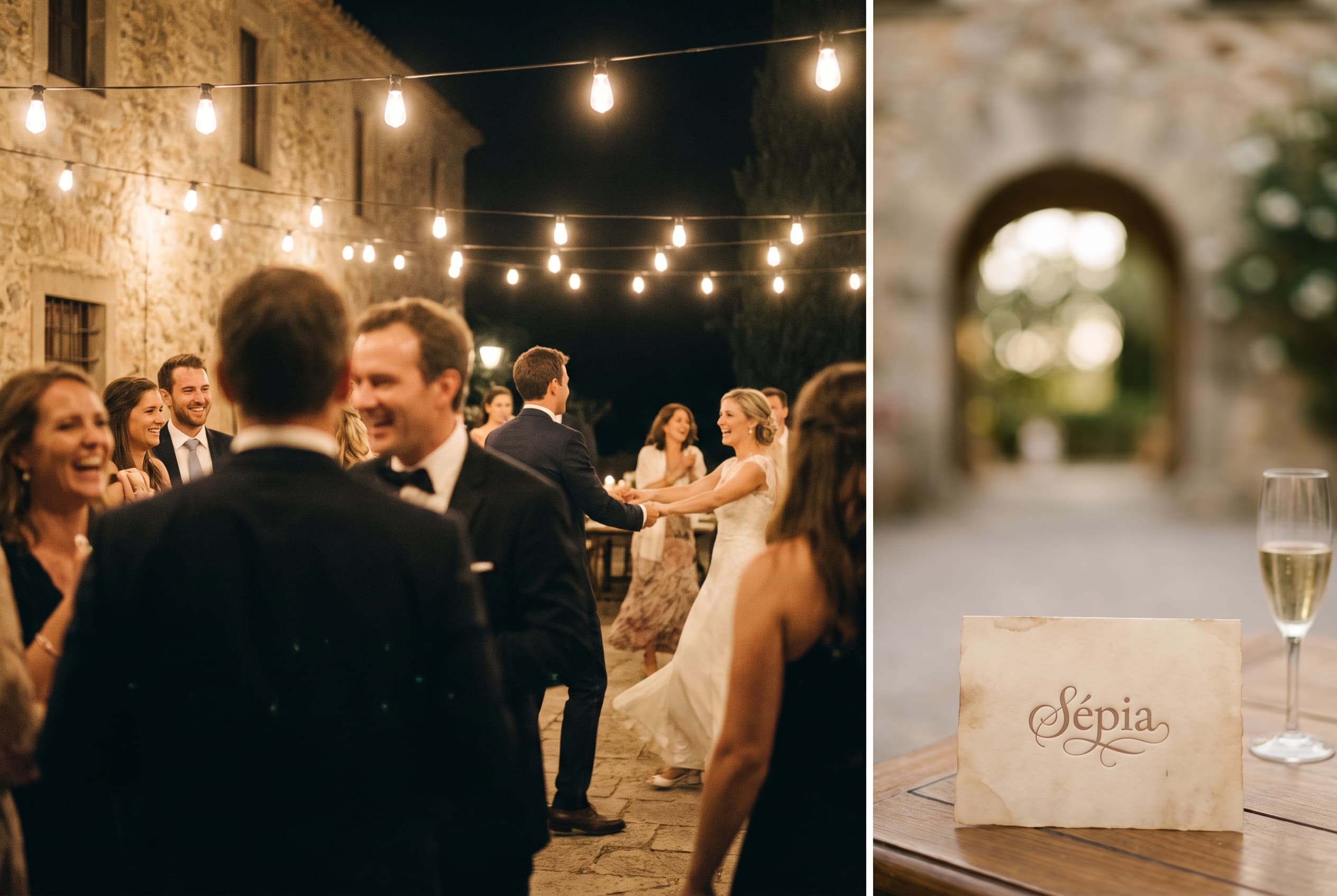 Invités de mariage dansant joyeusement sur la piste de danse le soir, guirlandes lumineuses
