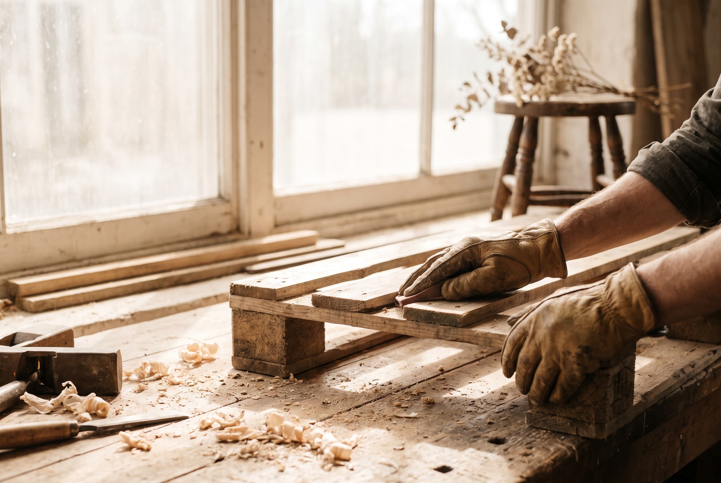 Mains ponçant et assemblant une palette de bois recyclée pour en faire un panneau de plan de table de mariage, copeaux de bois, atelier