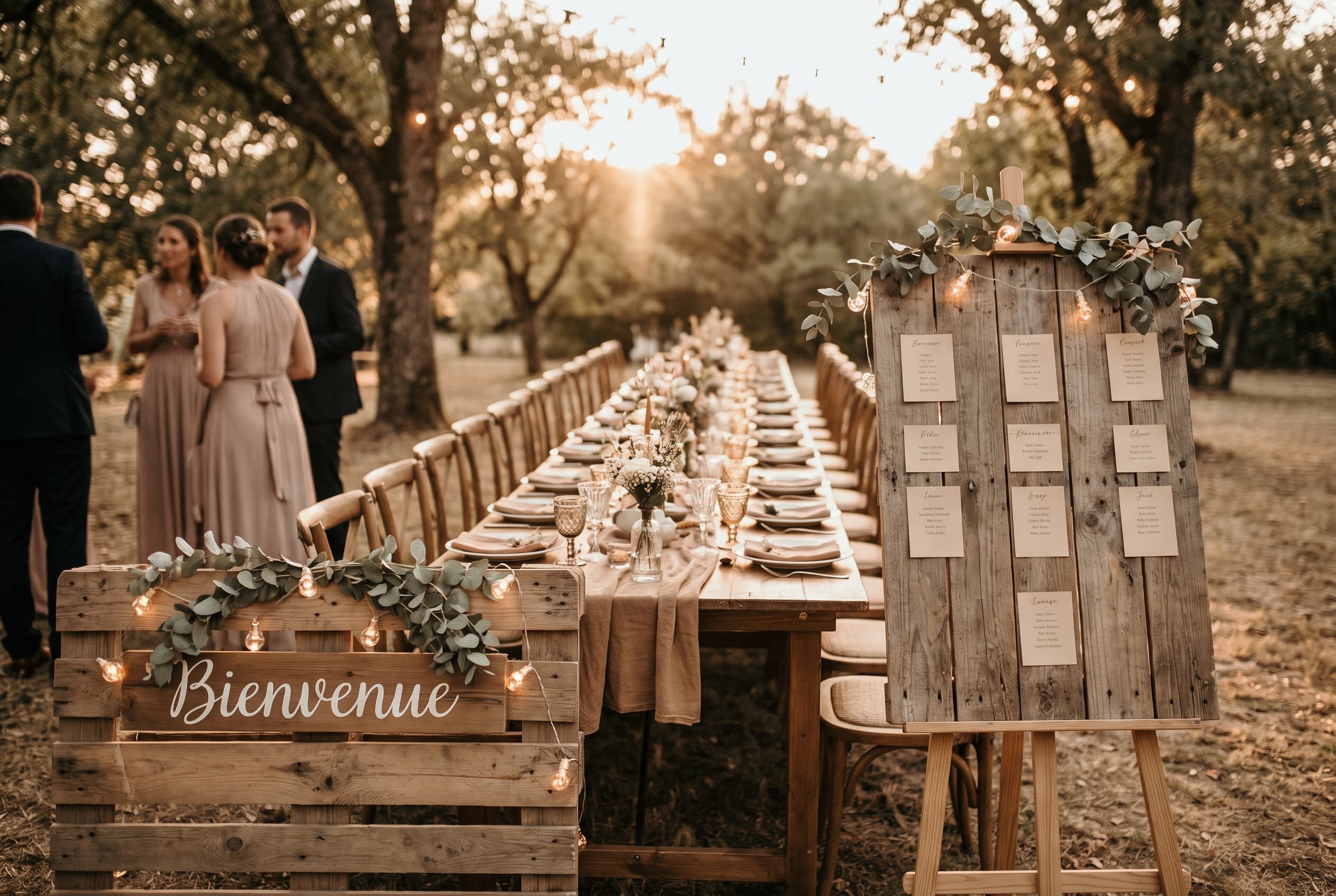 Table de réception de mariage décorée d'un panneau en palette de bois recyclée servant de signalétique, guirlande lumineuse, eucalyptus, lumière dorée du soir