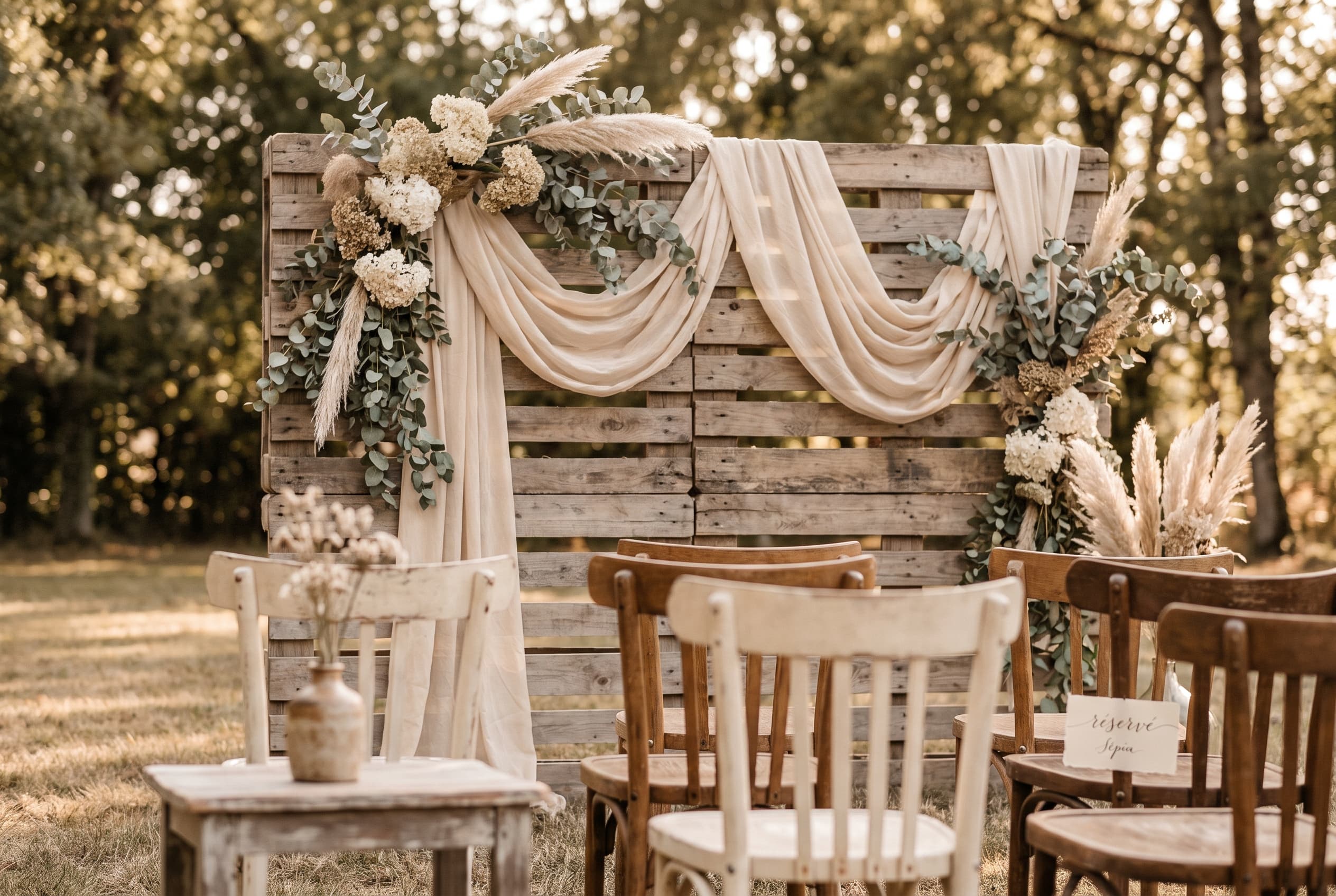 Fond de cérémonie de mariage en palettes de bois assemblées et habillées de verdure et de fleurs séchées, chaises vintage dépareillées au premier plan, lumière de fin d'après-midi