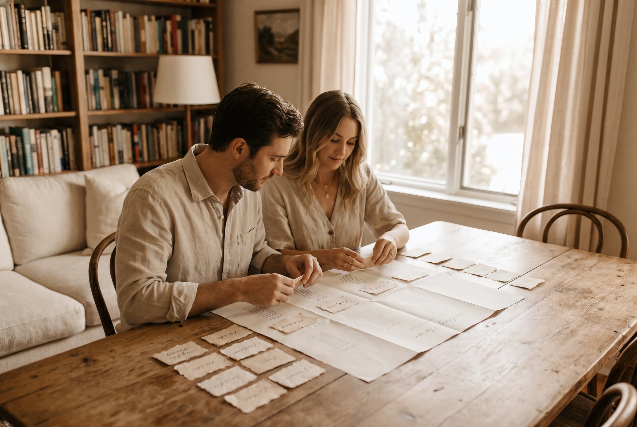 Couple assis à une table en bois, disposant ensemble de petites cartes avec des noms sur un plan de table