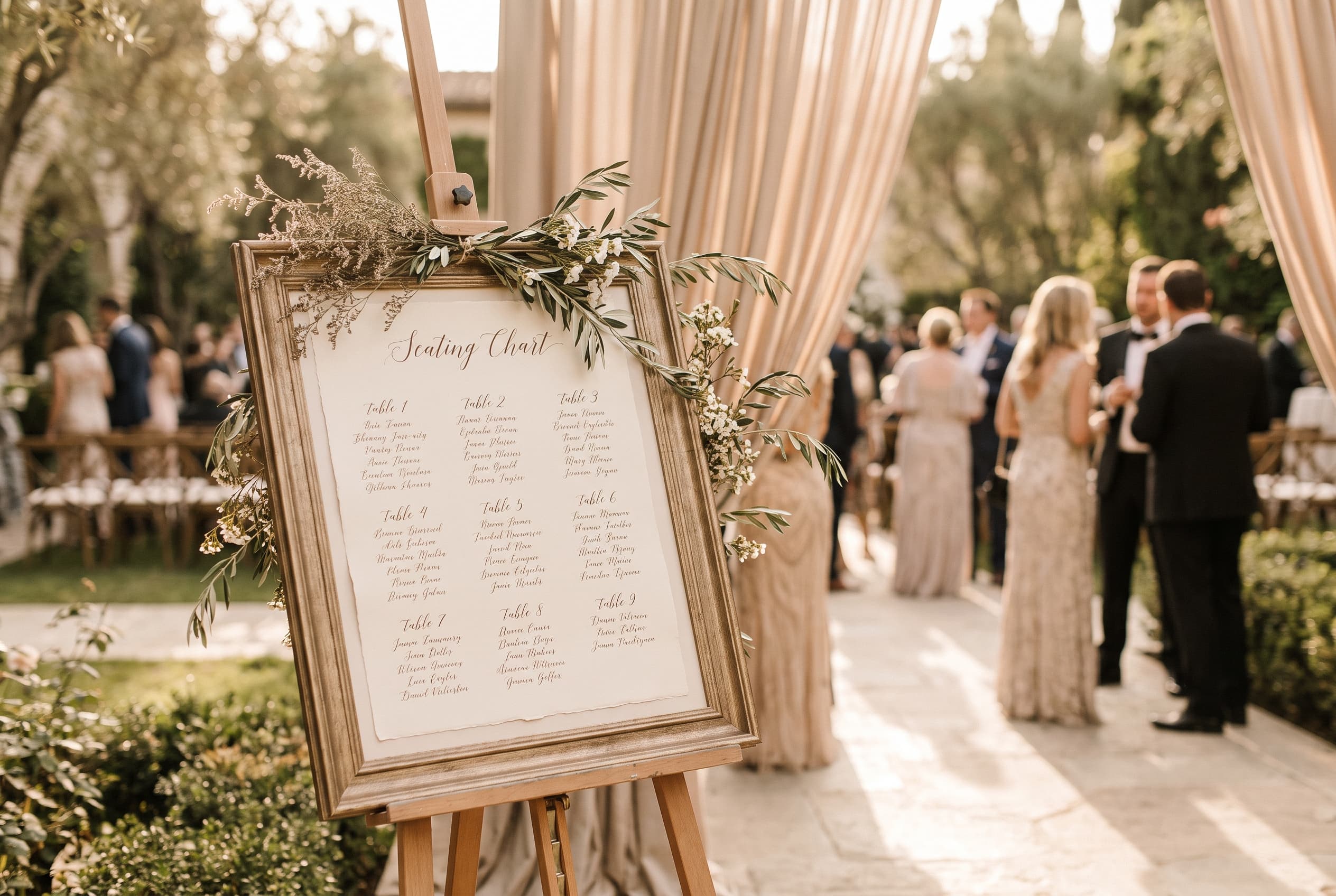 Plan de table de mariage calligraphié sur un chevalet en bois, décoration végétale sobre, lumière dorée du soir