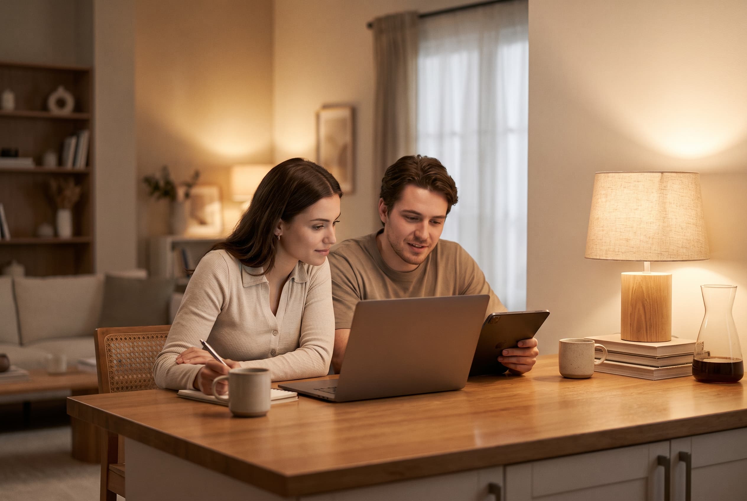 Jeune couple assis à une table de cuisine le soir, comparant des offres sur un ordinateur portable et une tablette