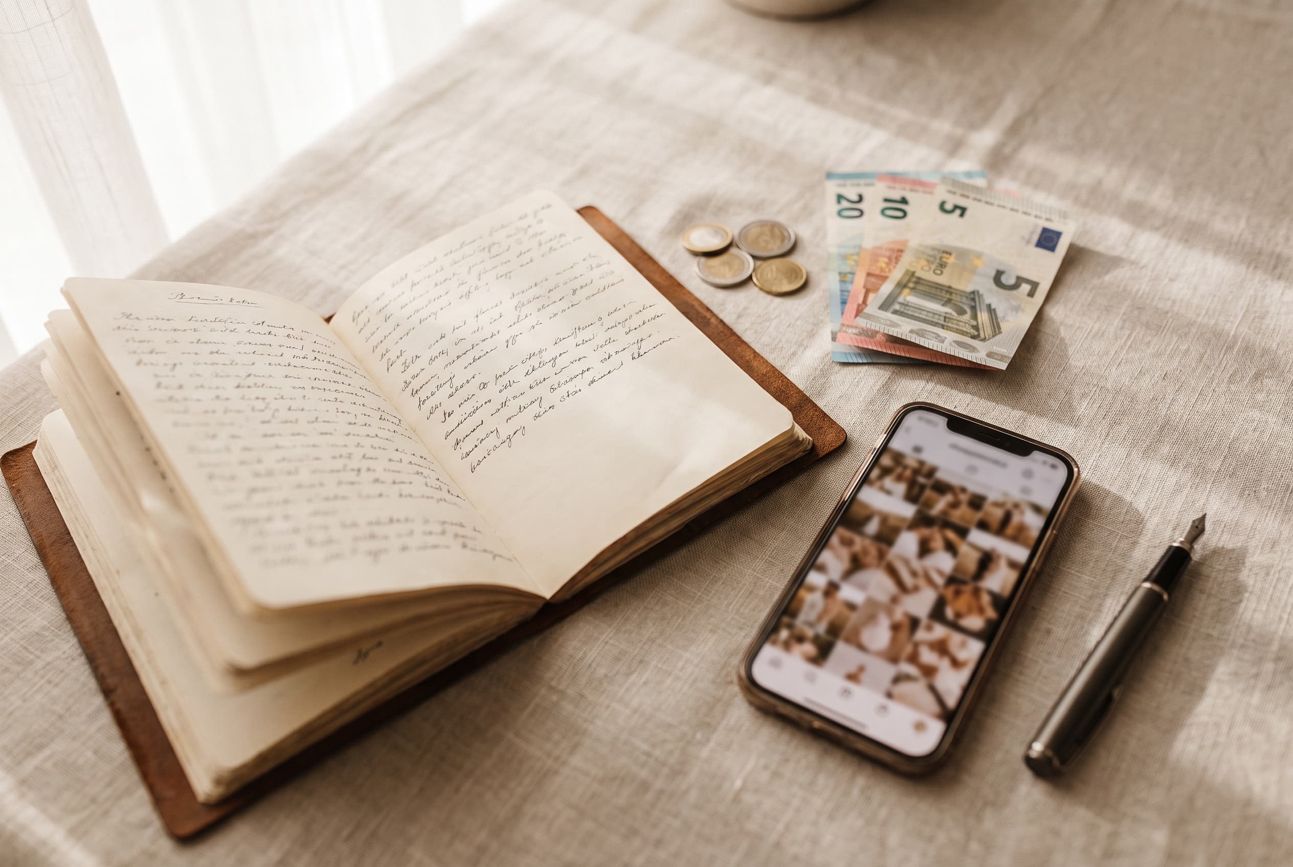 Carnet ouvert avec des notes de budget de mariage, quelques pièces et billets en euros, et un smartphone affichant une galerie photo
