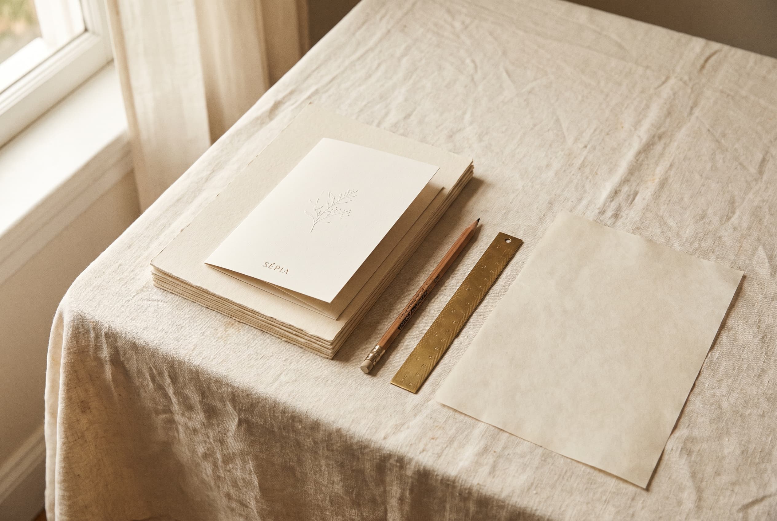 Carte de papeterie imprimée, crayon, règle et feuille crème posés sur une nappe de lin, lumière naturelle de fenêtre