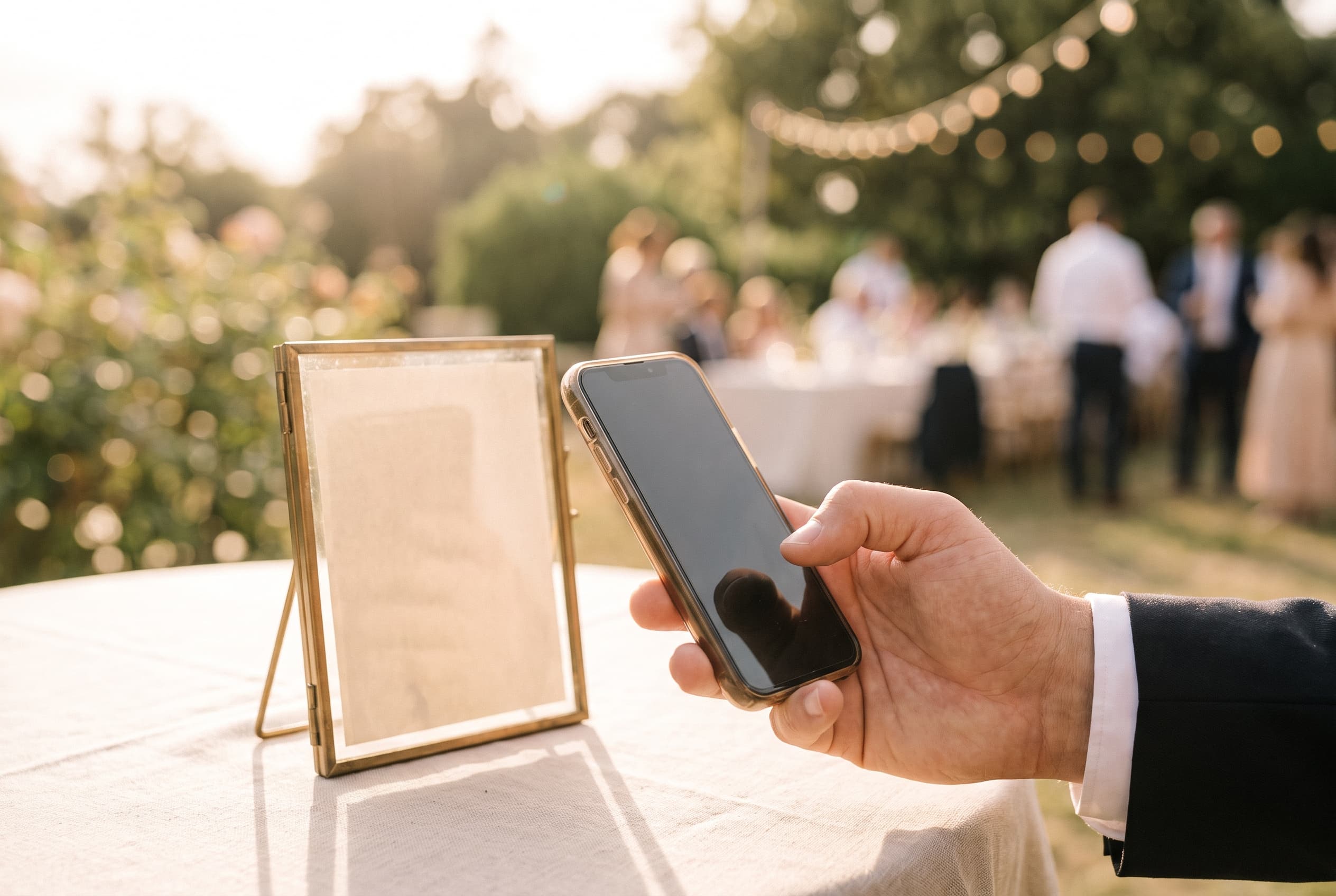 Une main d'invité tend un smartphone vers un petit panneau posé sur une table de mariage, jardin flou en arrière-plan