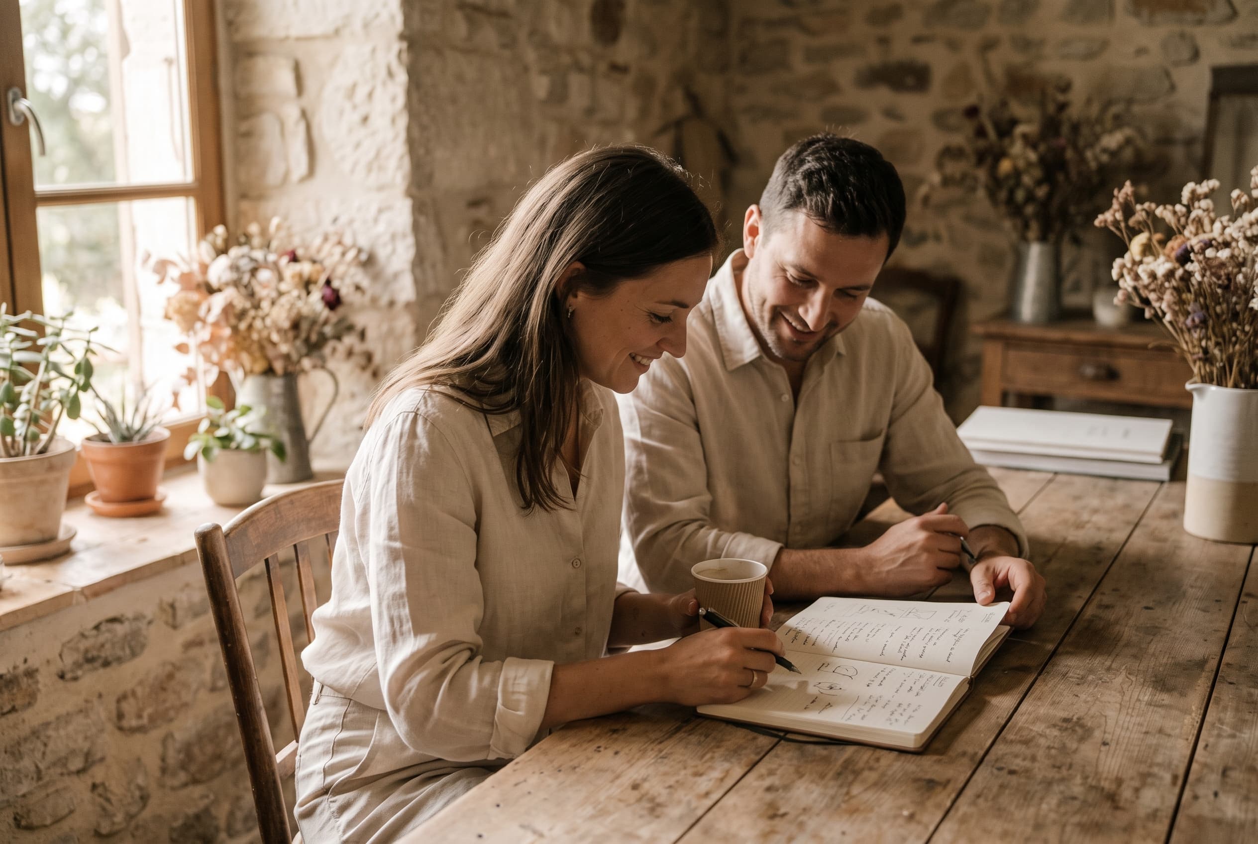 Un couple souriant note ses idées dans un carnet autour d'une grande table en bois, dans une maison en pierre, lumière douce de fenêtre