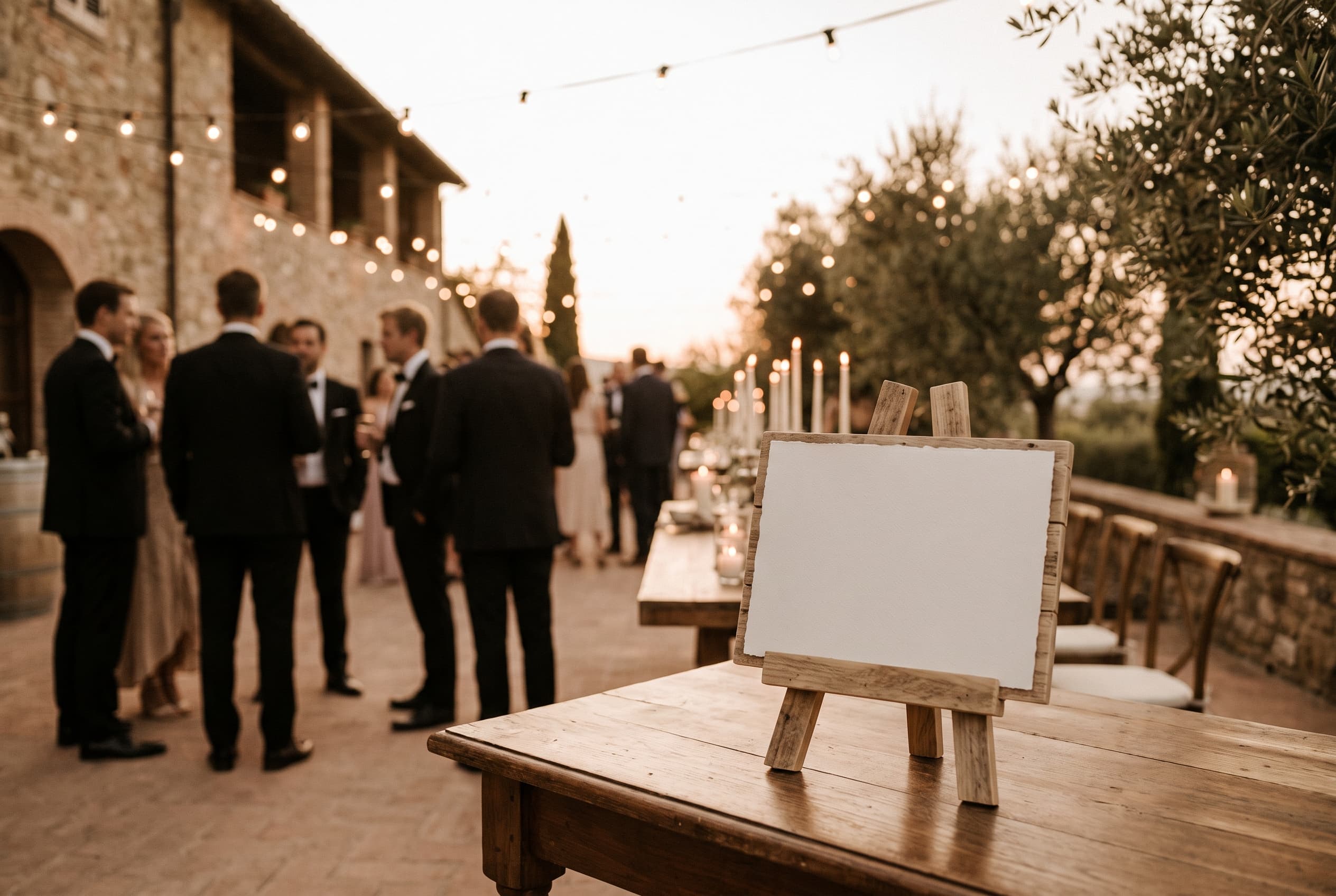 Petit chevalet en bois de palette posé à l'entrée d'une réception de mariage, tenant une carte blanche, guirlandes lumineuses en fond au crépuscule