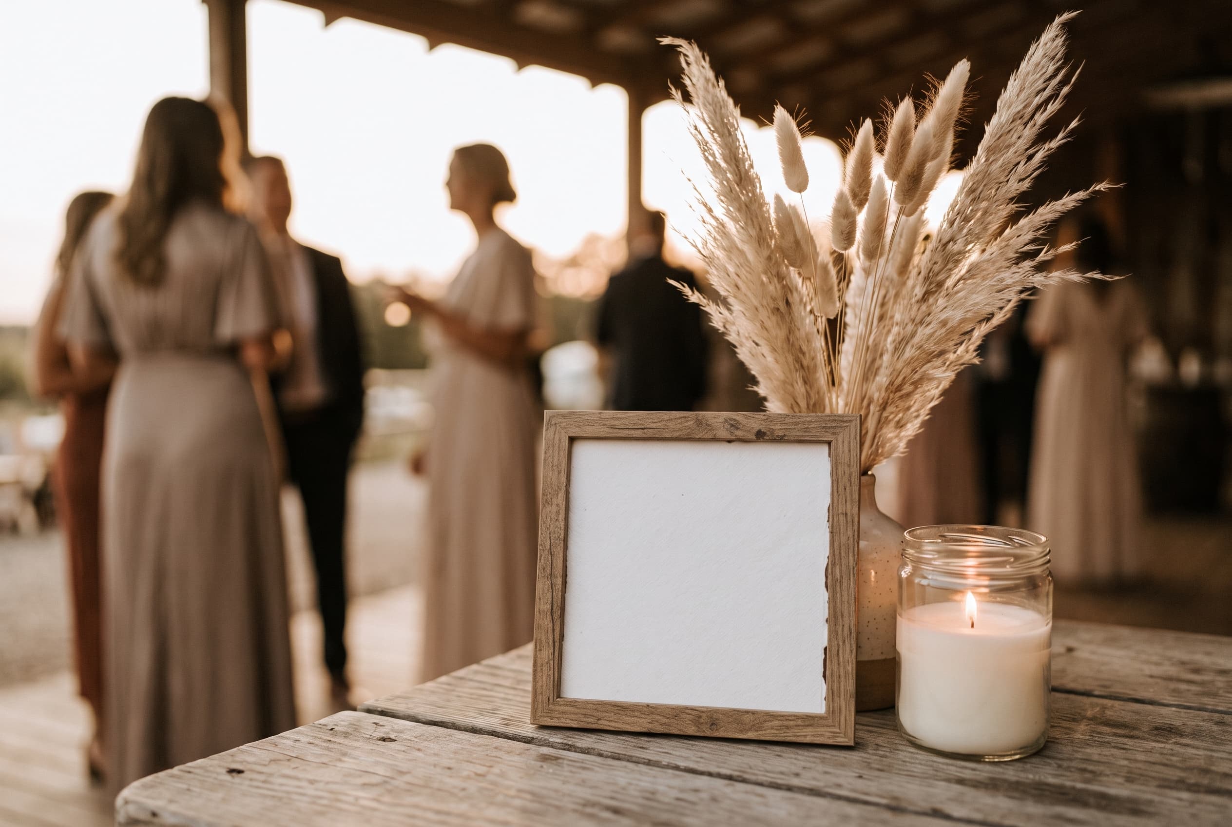 Cadre en bois de récupération posé sur une table de mariage rustique, à côté de graminées séchées et d'une bougie dans un bocal, lumière dorée du soir