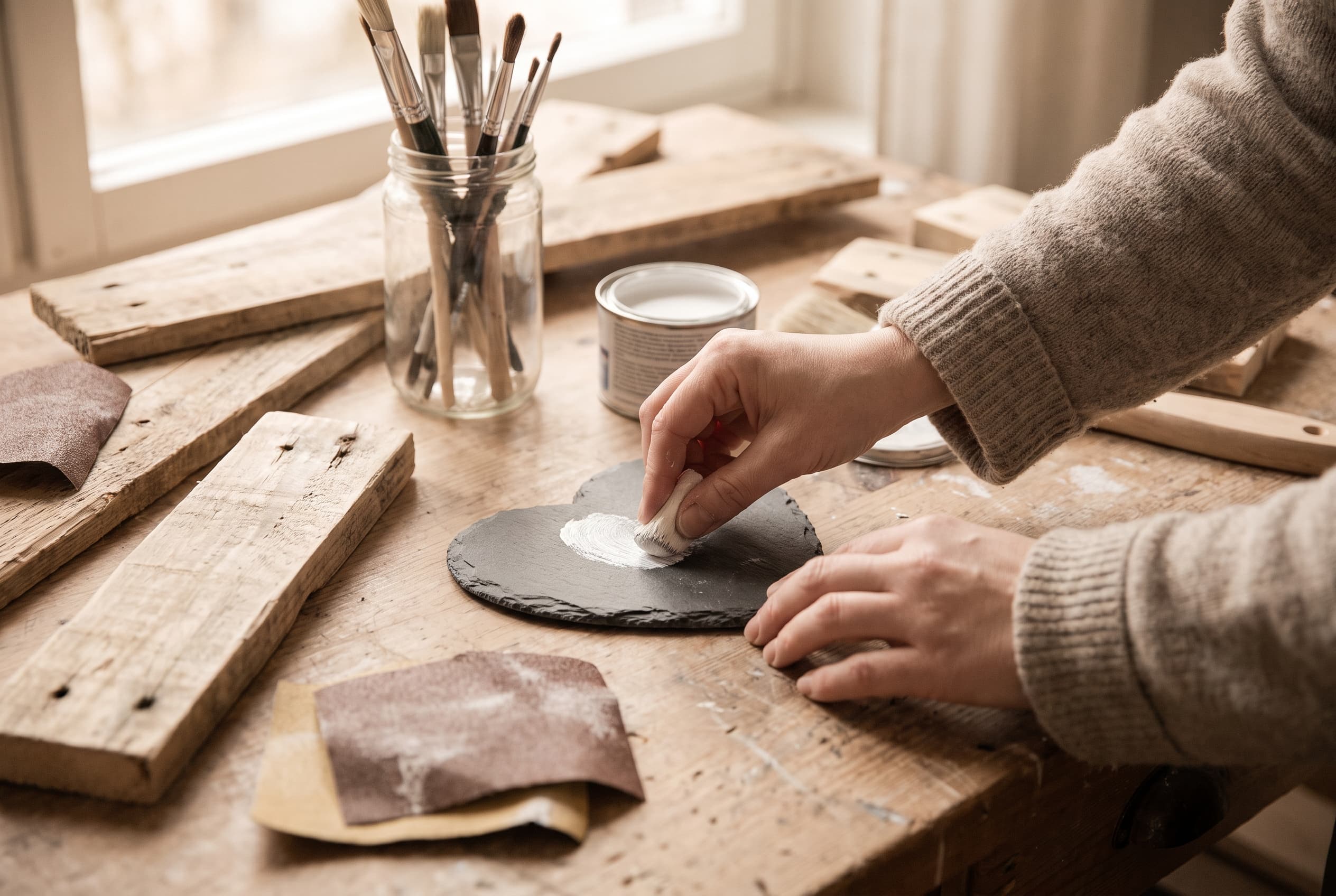 Mains peignant une petite ardoise sur un établi, avec des chutes de bois de palette, du papier de verre et des pinceaux dans un bocal