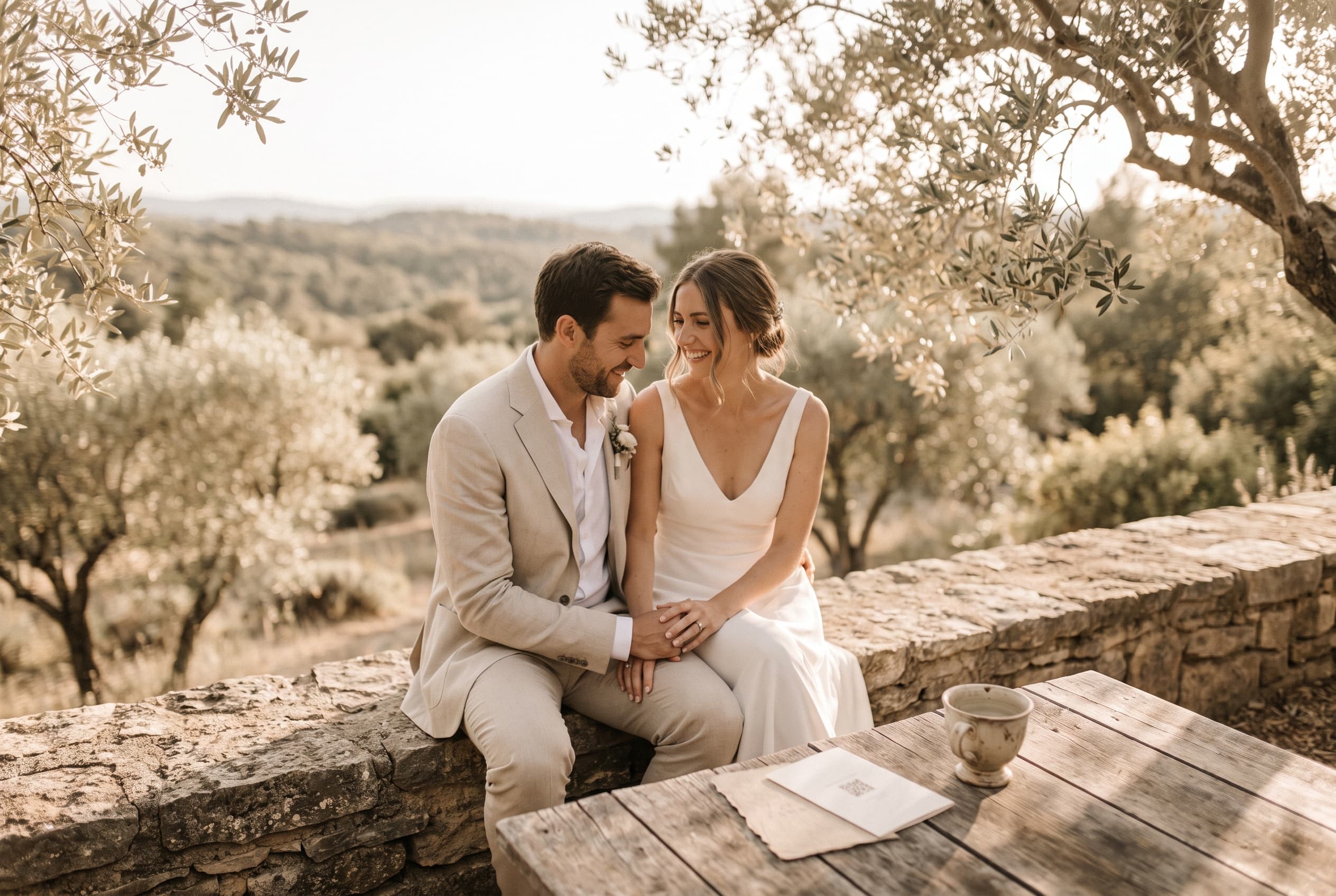 Couple de mariés sur une terrasse méditerranéenne près de Montpellier — galerie photo mariage à Montpellier