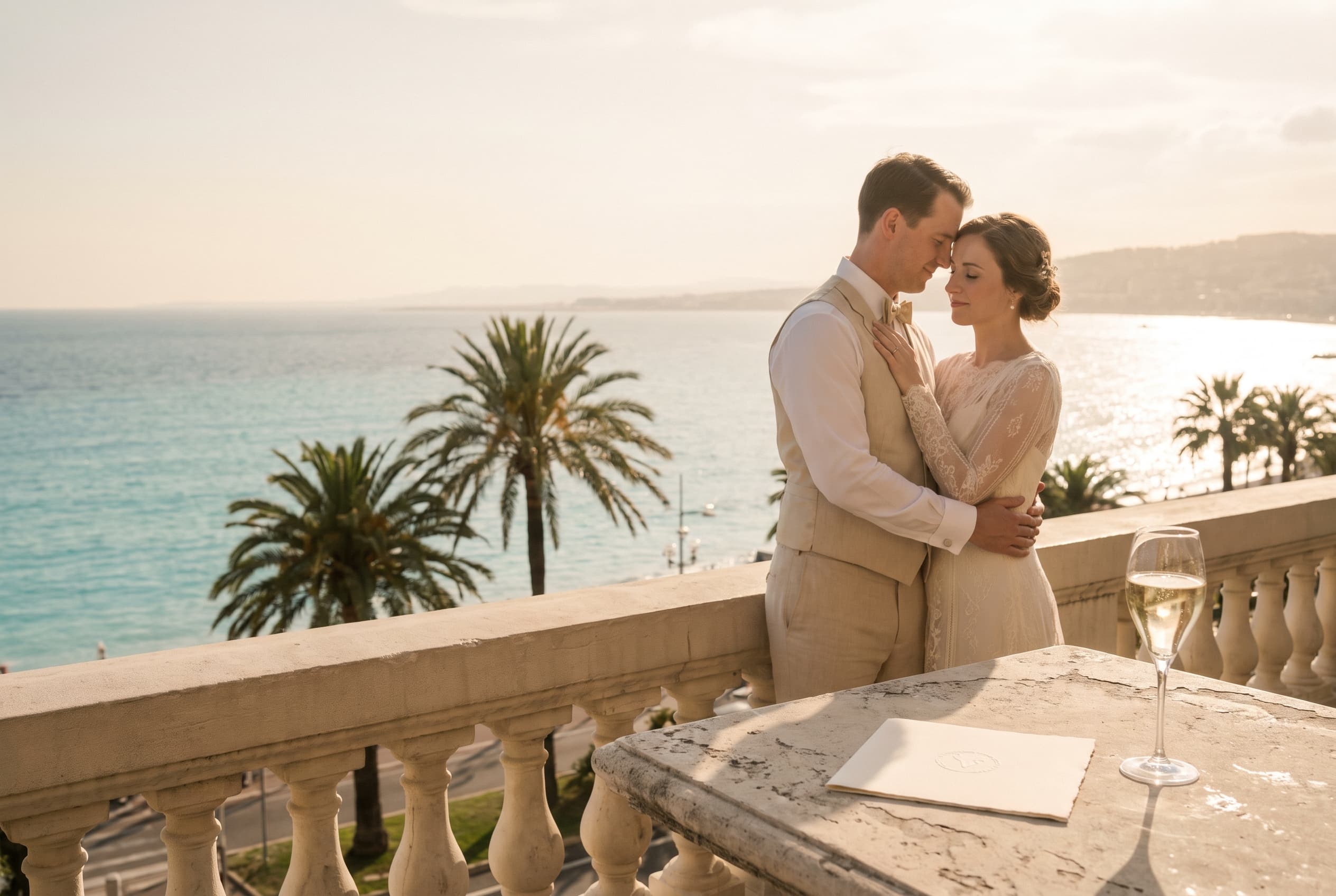Couple de mariés sur une terrasse face à la baie des Anges à Nice — galerie photo mariage à Nice